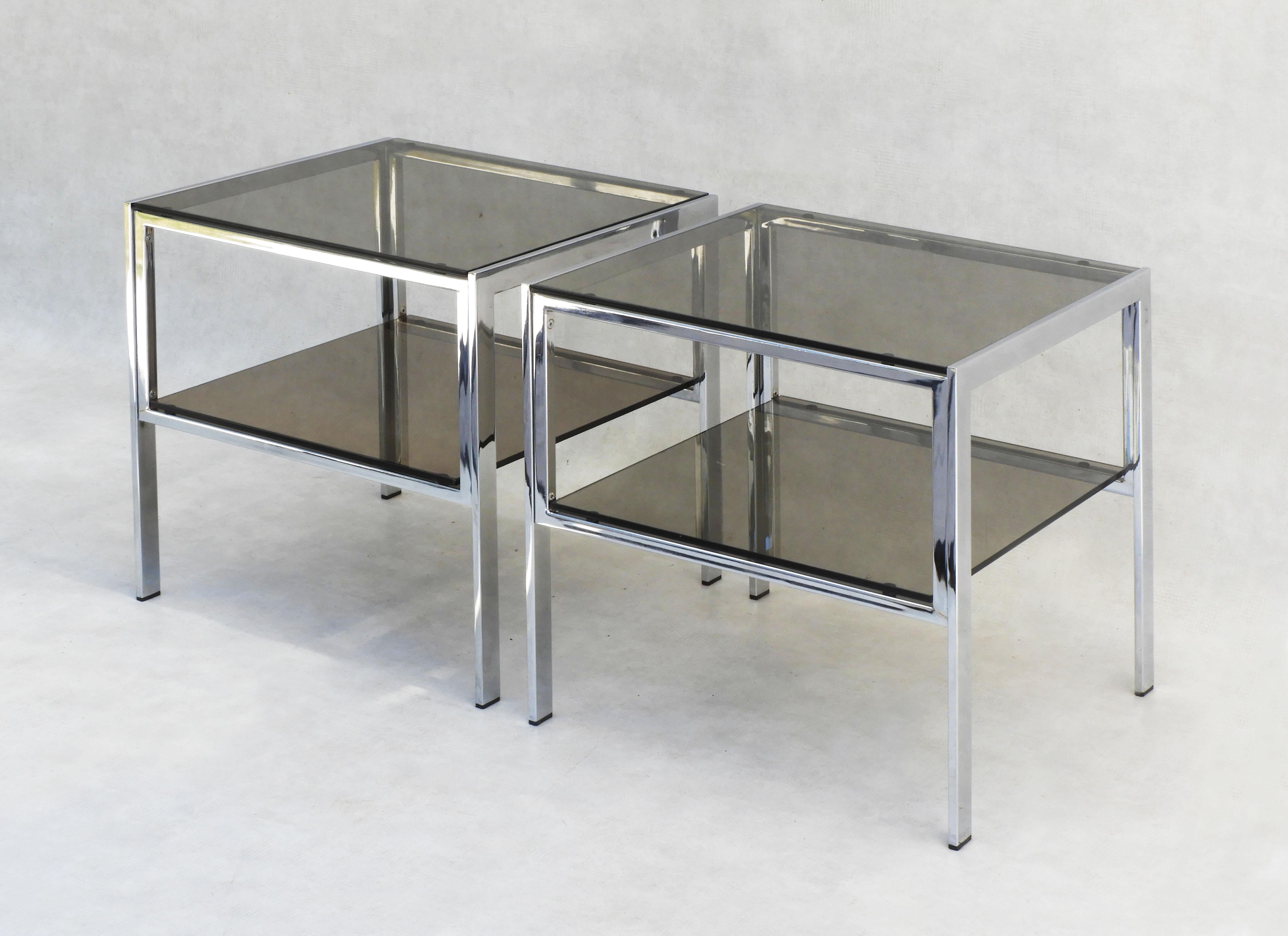 Hollywood Regency Chrome and Smoked Glass Side Tables c1970s France For Sale