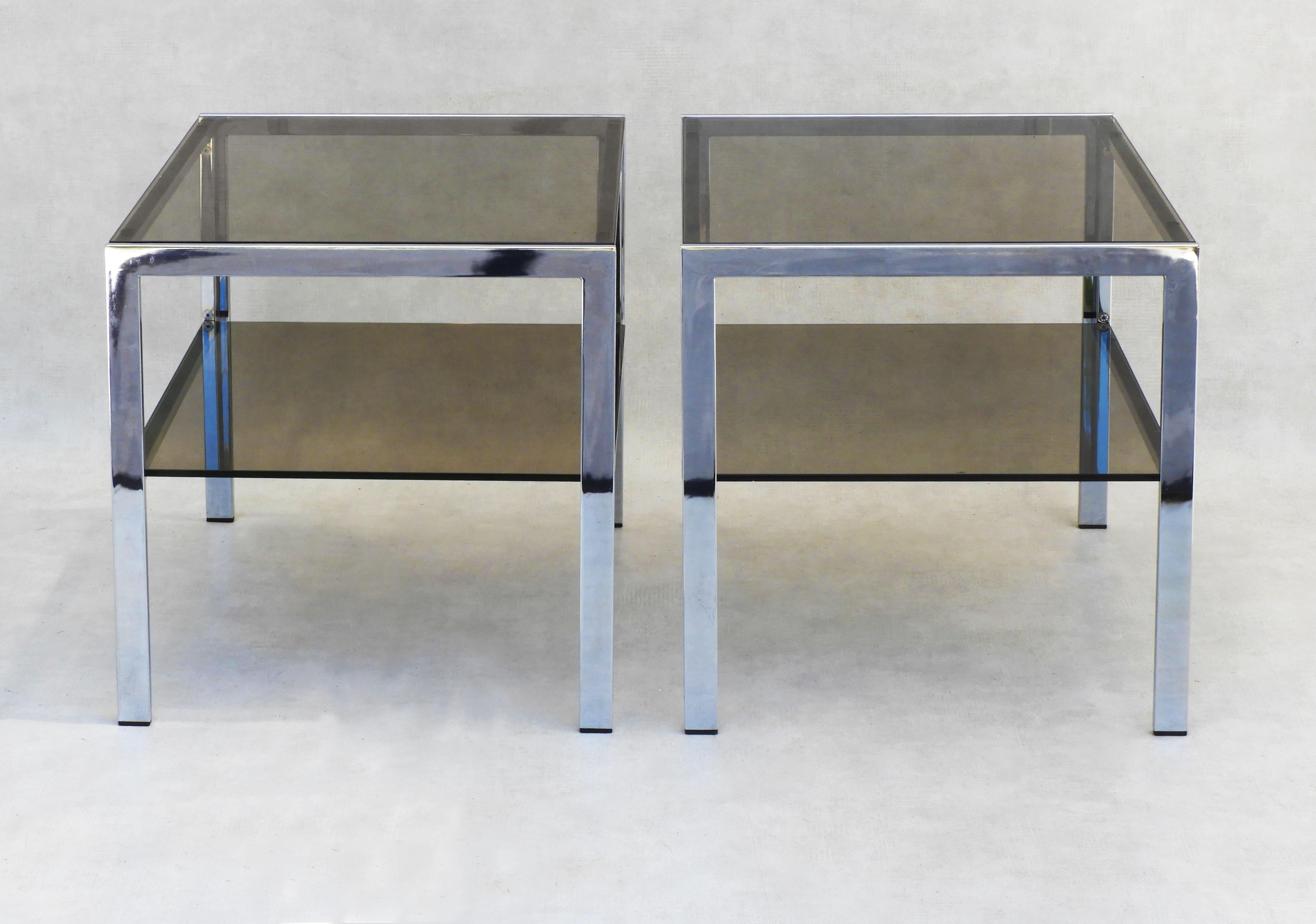French Chrome and Smoked Glass Side Tables c1970s France For Sale