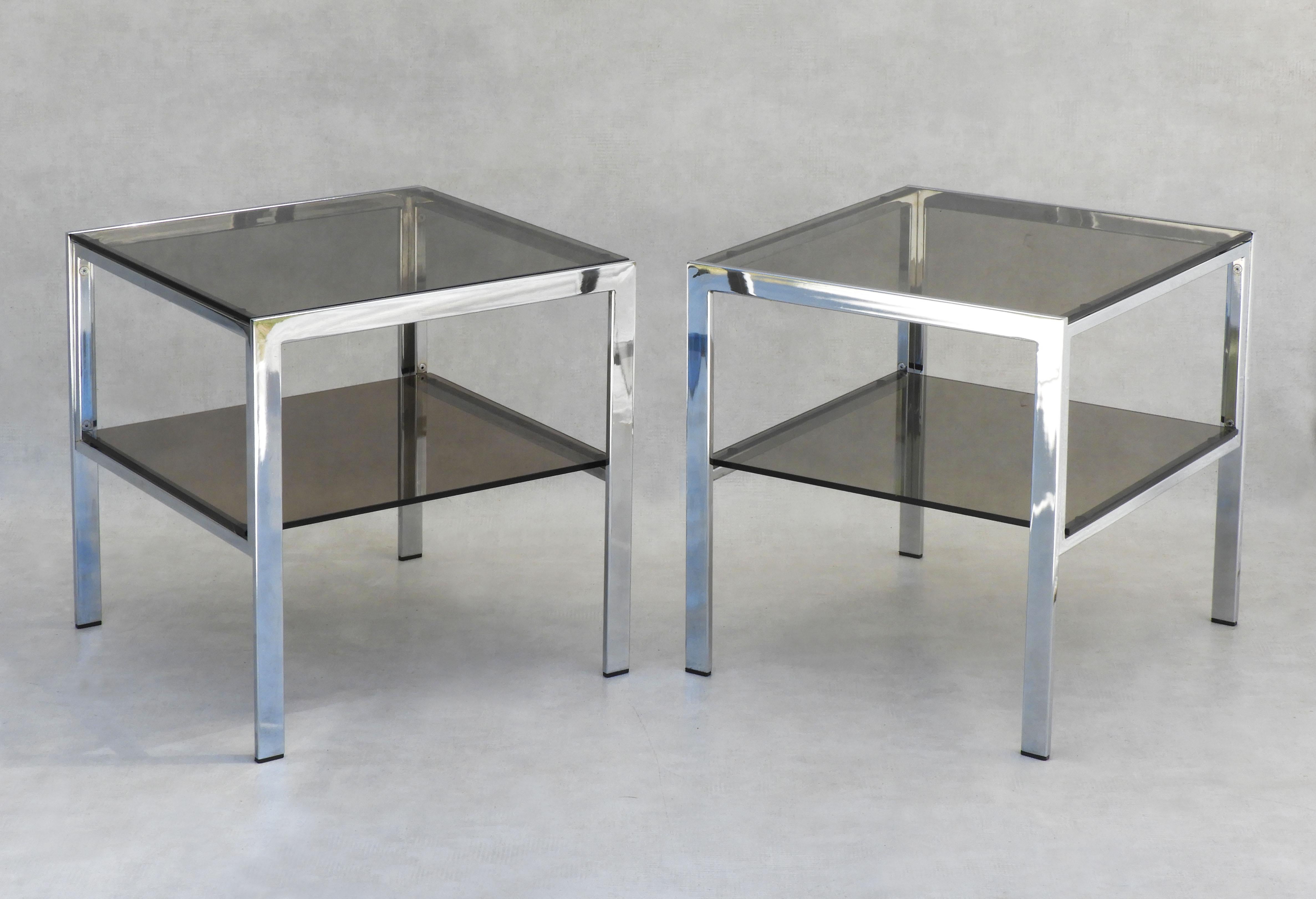 Late 20th Century Chrome and Smoked Glass Side Tables c1970s France For Sale