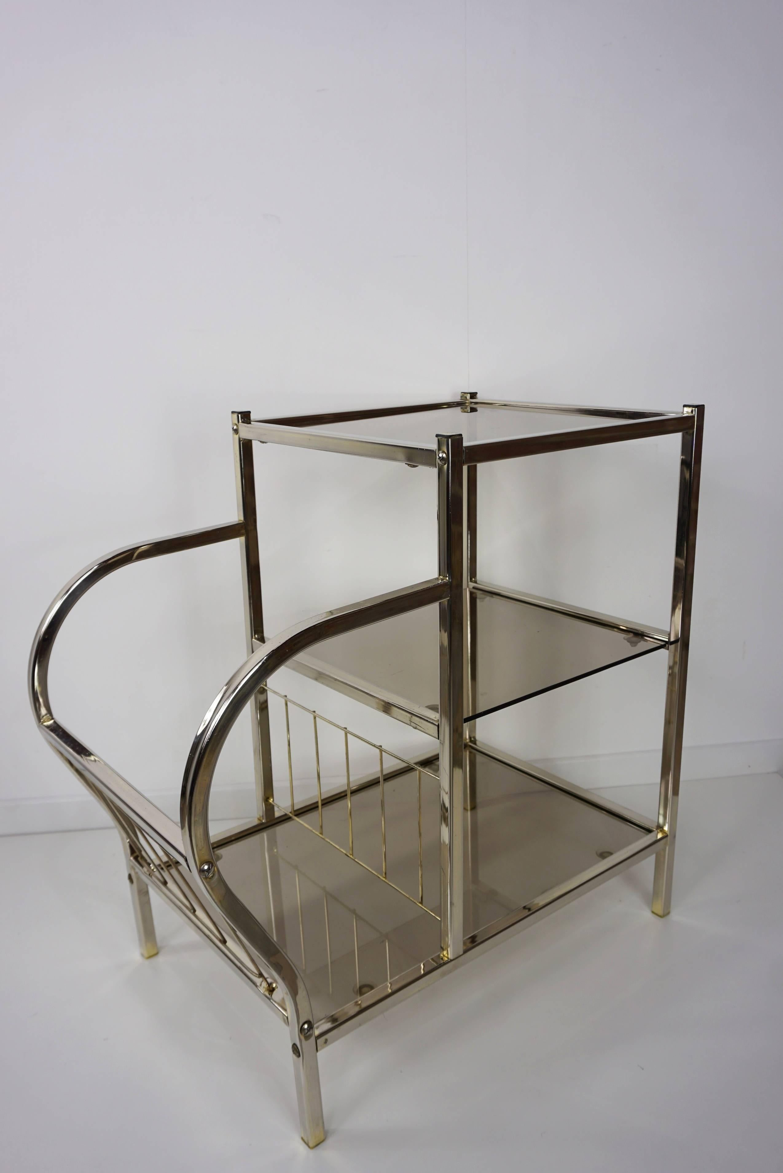 European Chrome and Smoked Glass Sofa Table with Magazine Rack