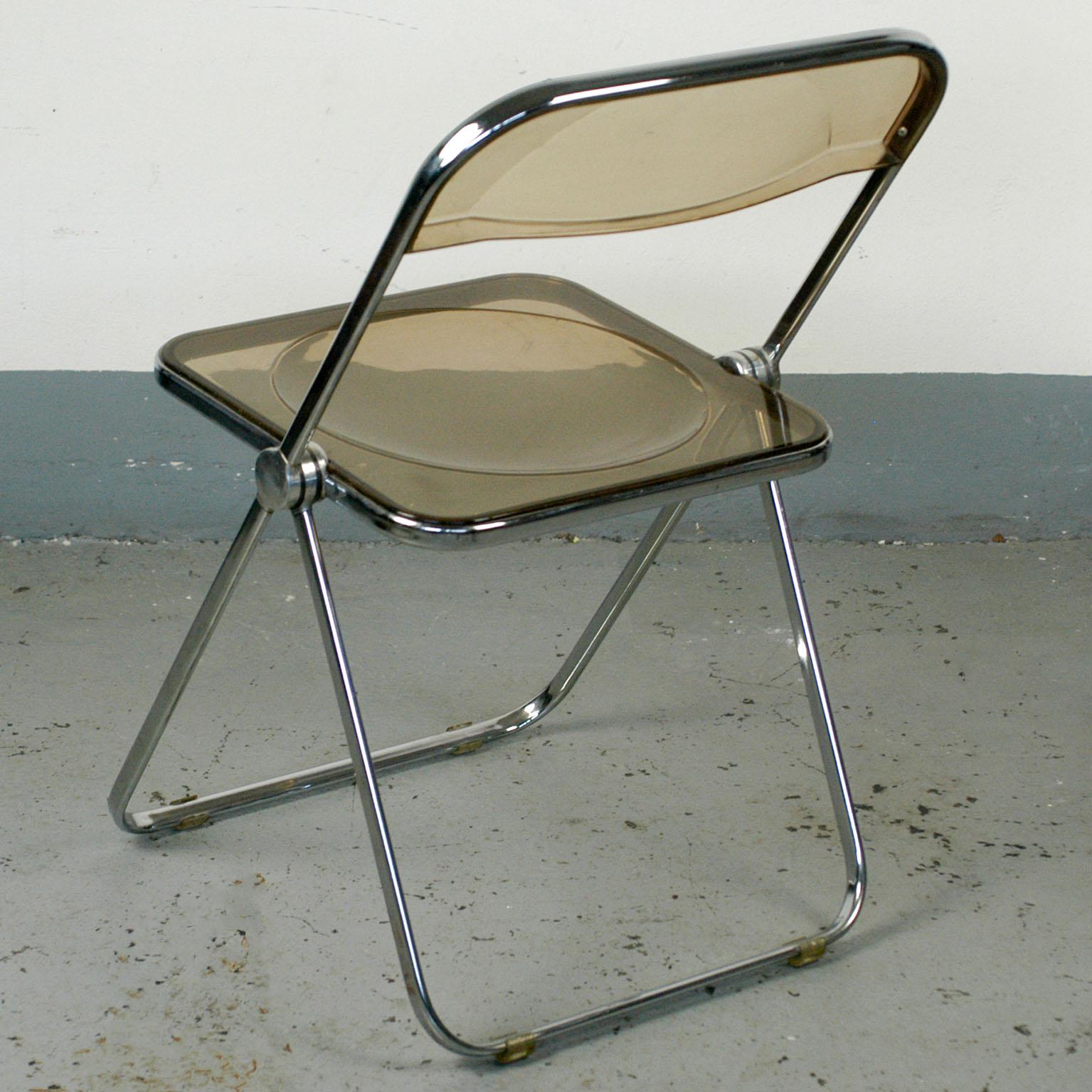 Mid-Century Modern Chrome and Smoked Grey Lucite Plia Folding Chairs by G. Piretti for Castelli