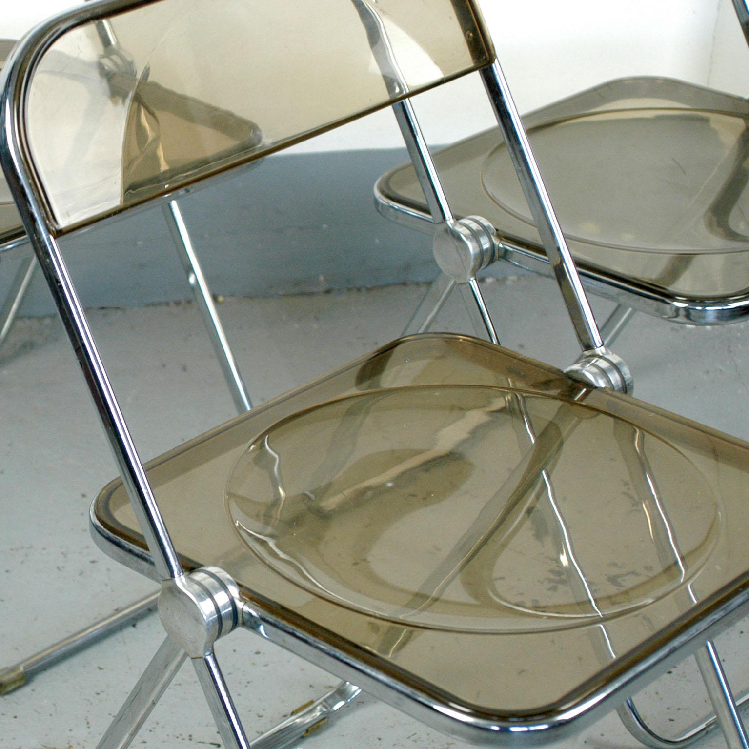 Italian Chrome and Smoked Grey Lucite Plia Folding Chairs by G. Piretti for Castelli