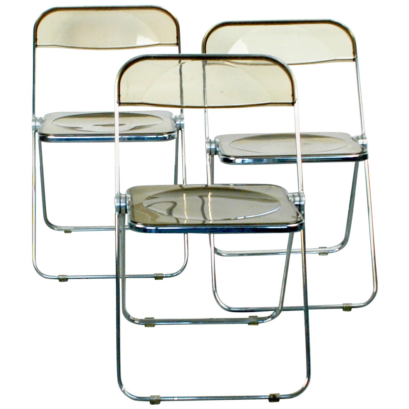 Chrome and Smoked Grey Lucite Plia Folding Chairs by G. Piretti for Castelli