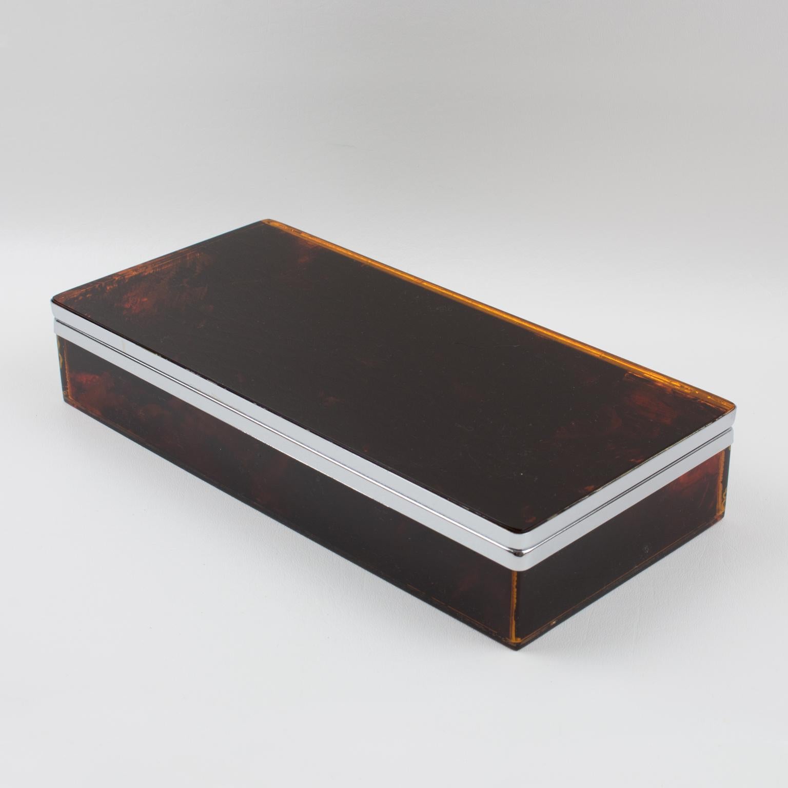 Mid-Century Modern Chrome and Tortoiseshell Lucite Box, France 1970s For Sale