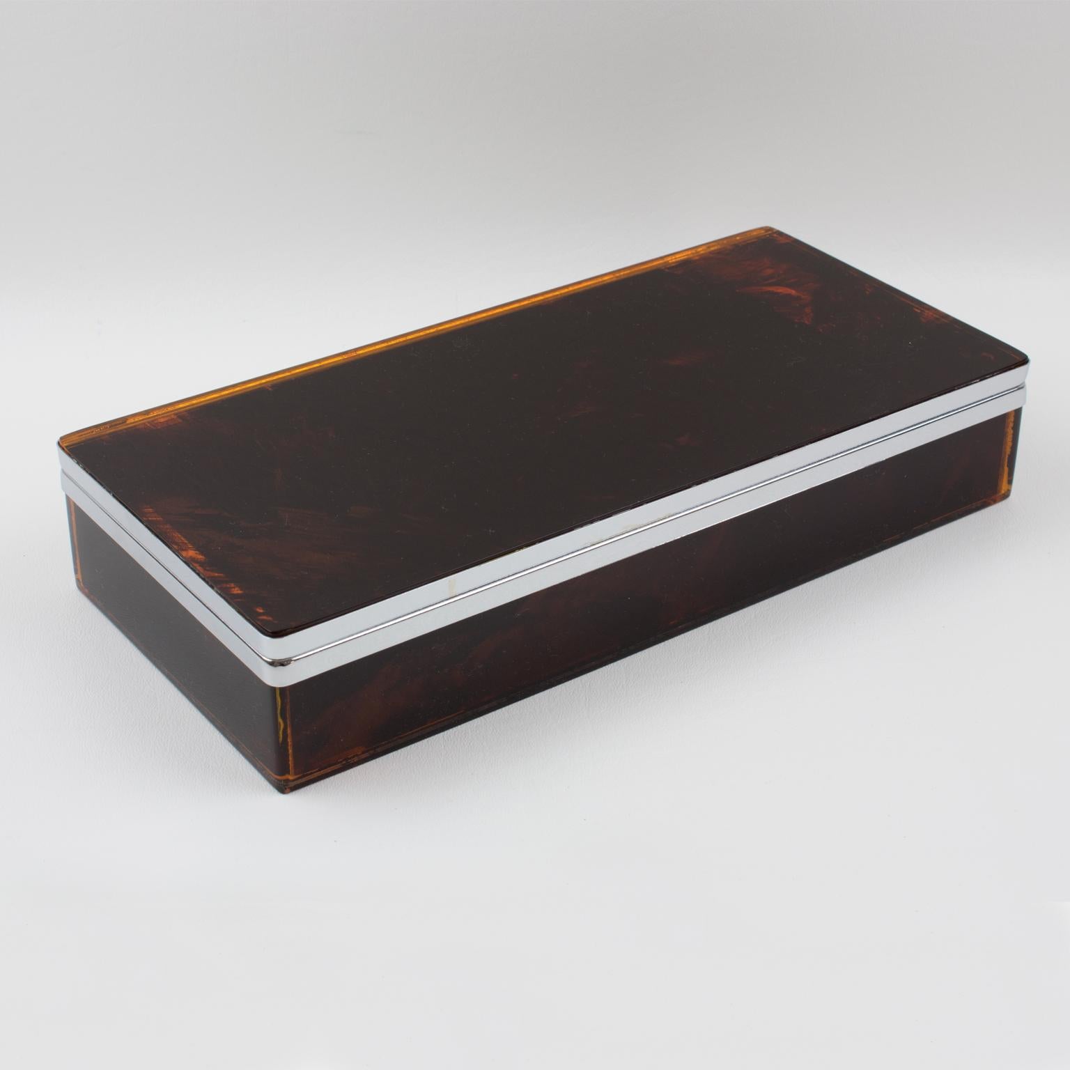 French Chrome and Tortoiseshell Lucite Box, France 1970s For Sale