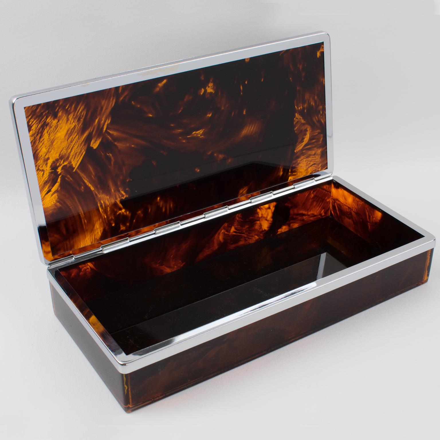 Late 20th Century Chrome and Tortoiseshell Lucite Box, France 1970s For Sale