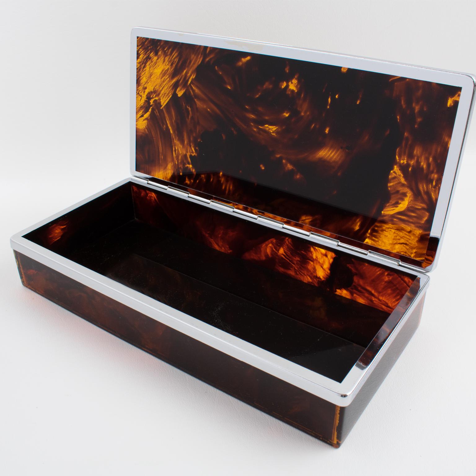 Metal Chrome and Tortoiseshell Lucite Box, France 1970s For Sale