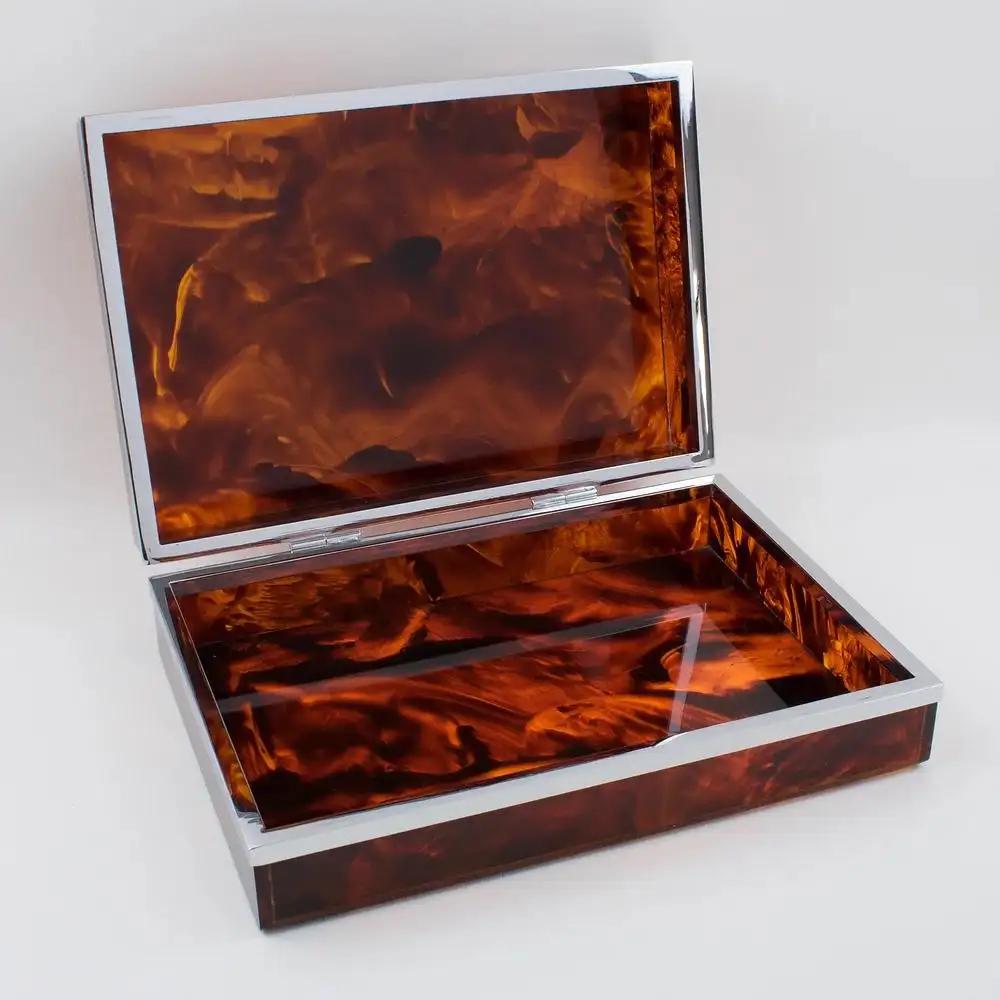 French Chrome and Tortoiseshell Lucite Decorative Box, 1970s For Sale