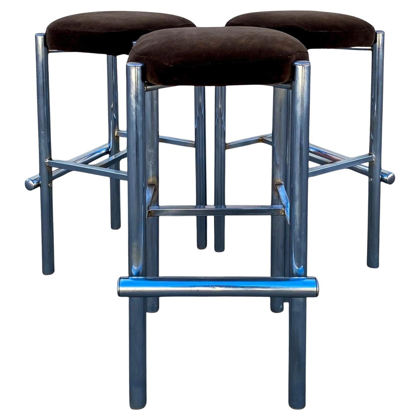 Chrome and Velvet Bar Stools, Set of Three, c. 1970s