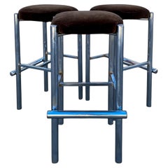 Chrome and Velvet Bar Stools, Set of Three, c. 1970s