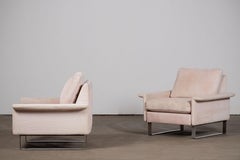 Chrome and Velvet Club Lounge Chairs in Style of Milo Baughman