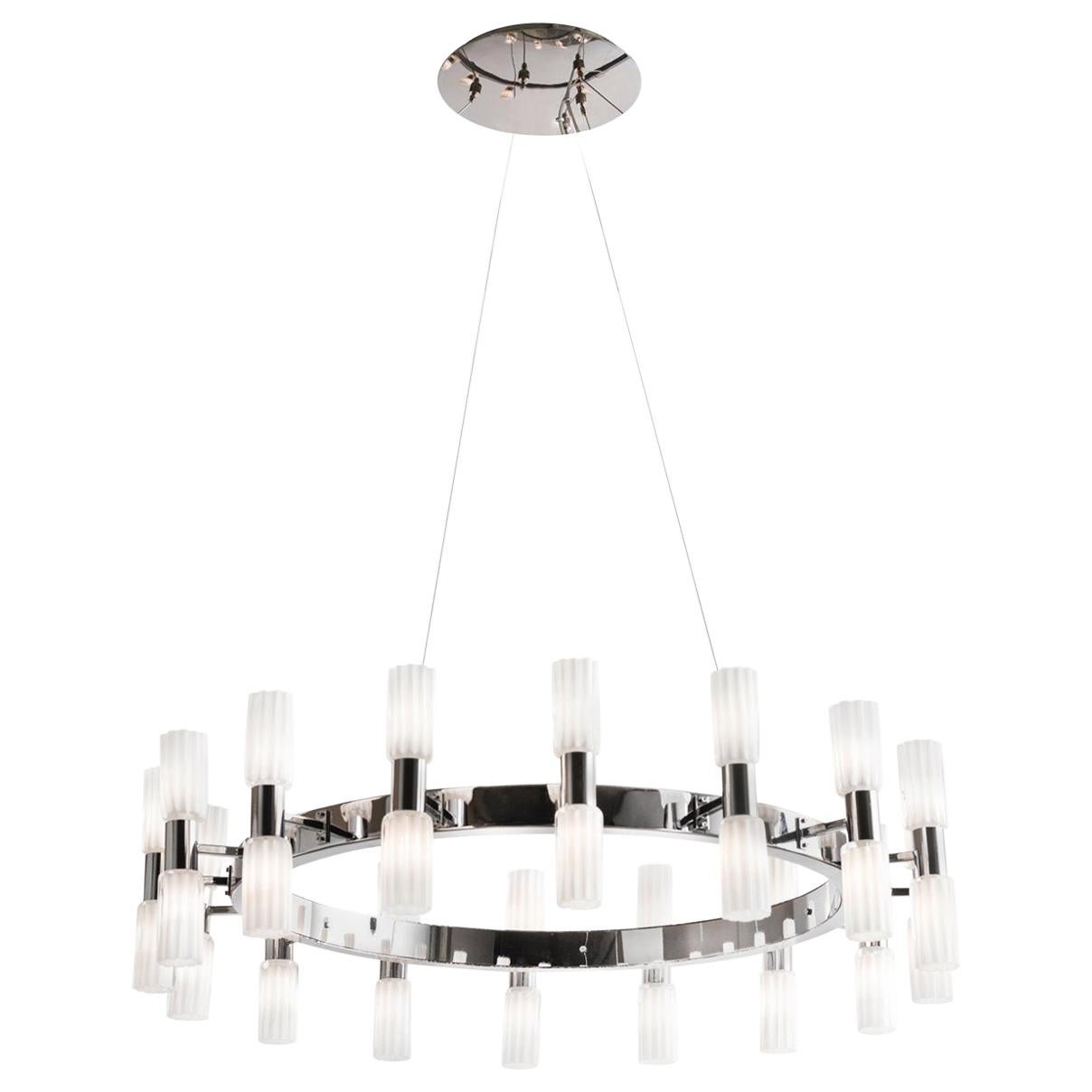 Chrome and White Glass Chandelier For Sale