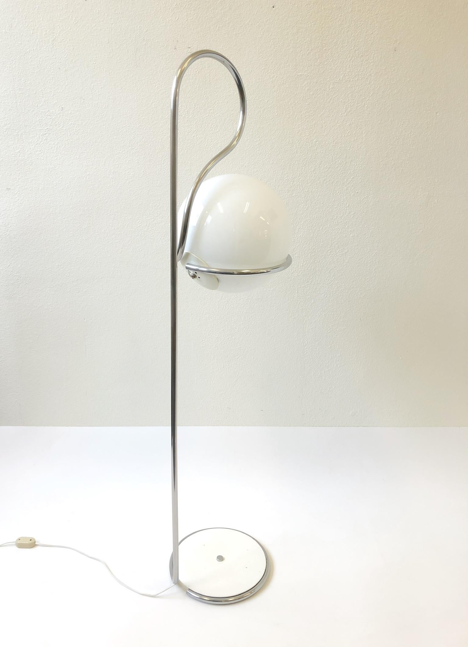 Chrome and White Glass Globe Floor Lamp  In Excellent Condition In Palm Springs, CA