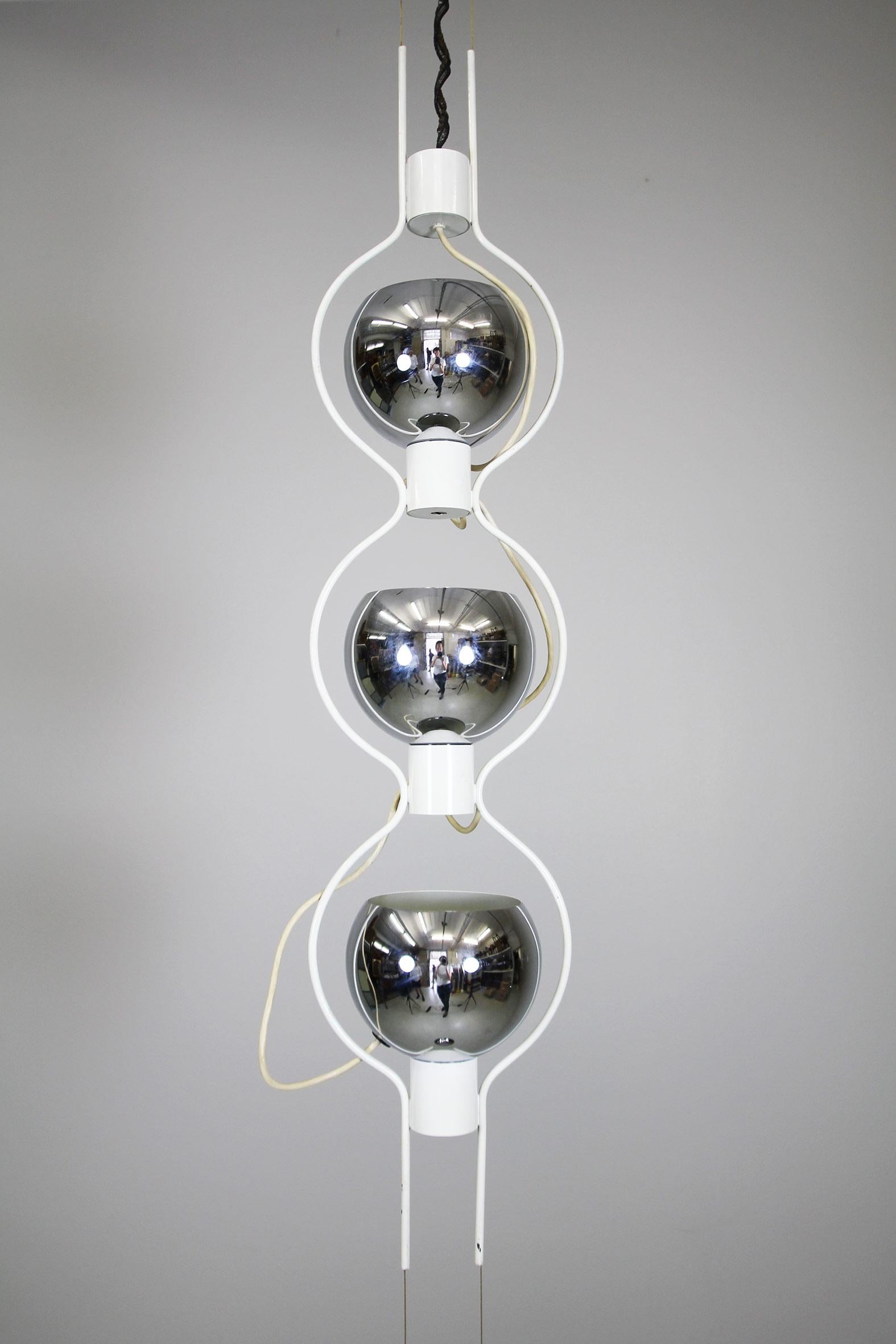 Modern Chrome and White Lacquered Pendant by Angelo Lelli, Mod. '14071', c.a. 1962 For Sale