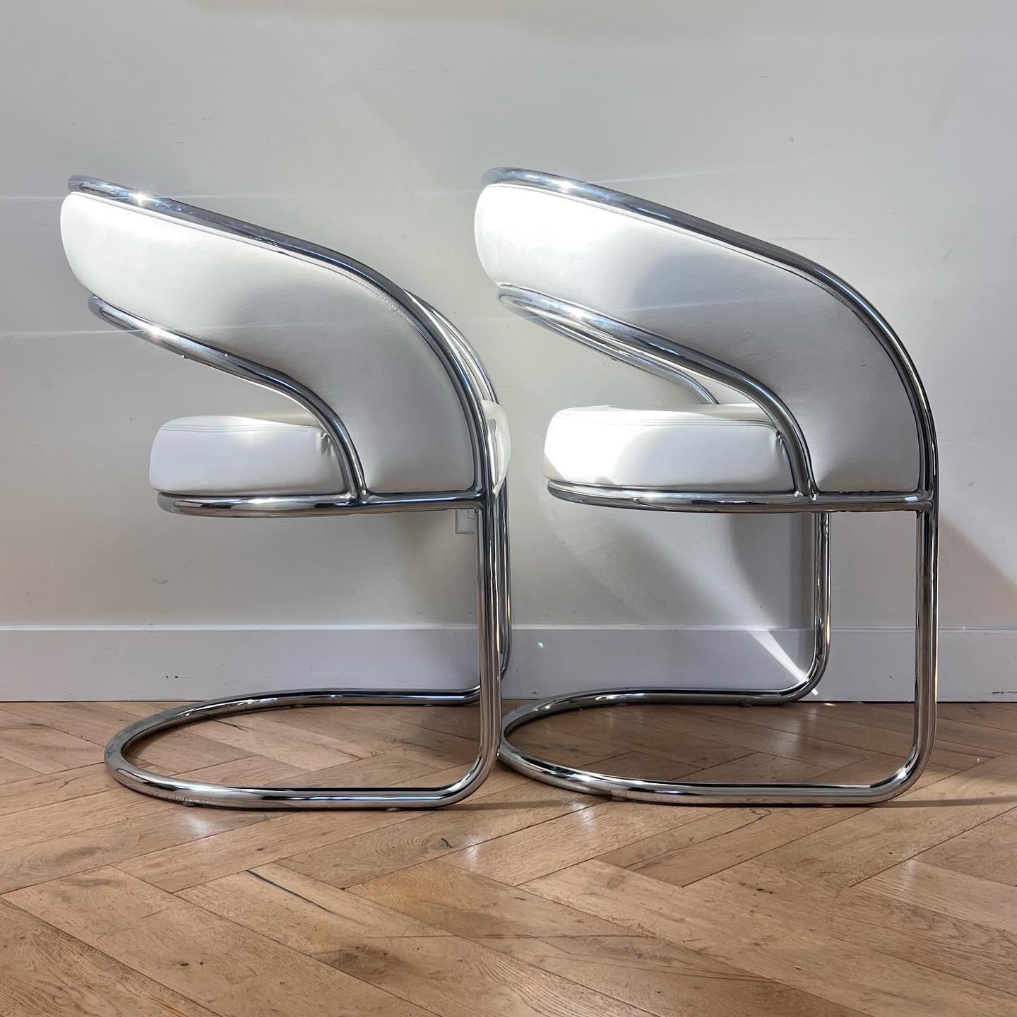 Mid-Century Modern Chrome and white leather chairs by Contemporary Shells, circa 1970