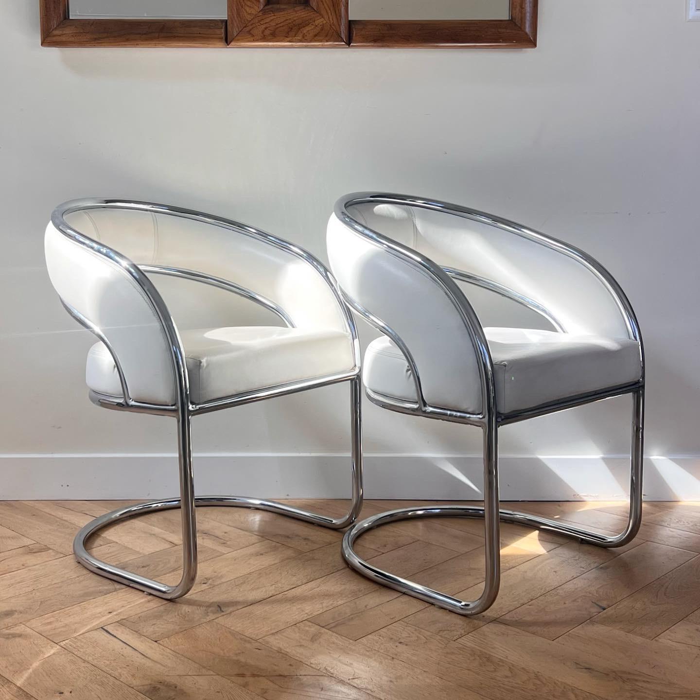 American Chrome and white leather chairs by Contemporary Shells, circa 1970