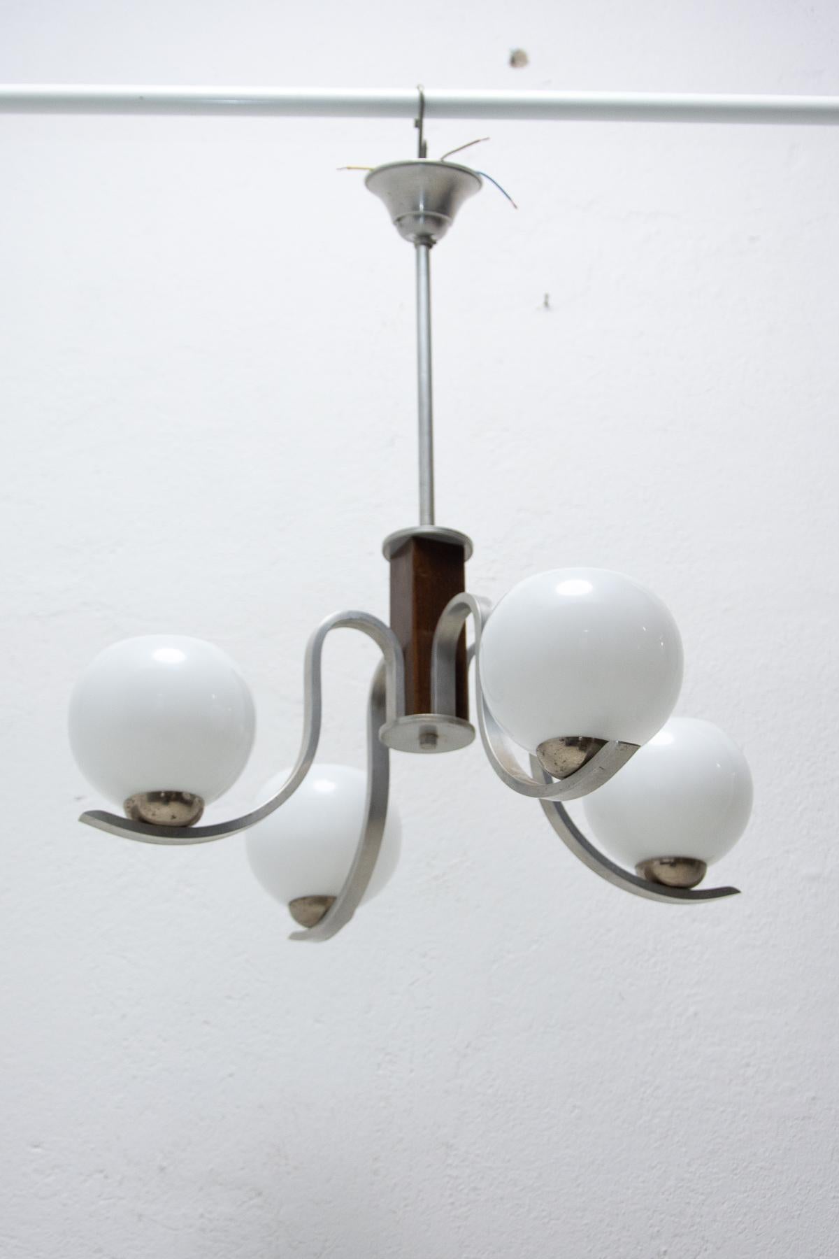 Plated Chrome and Wood Art Deco Pendant Chandelier, circa 1930's, Bohemia For Sale