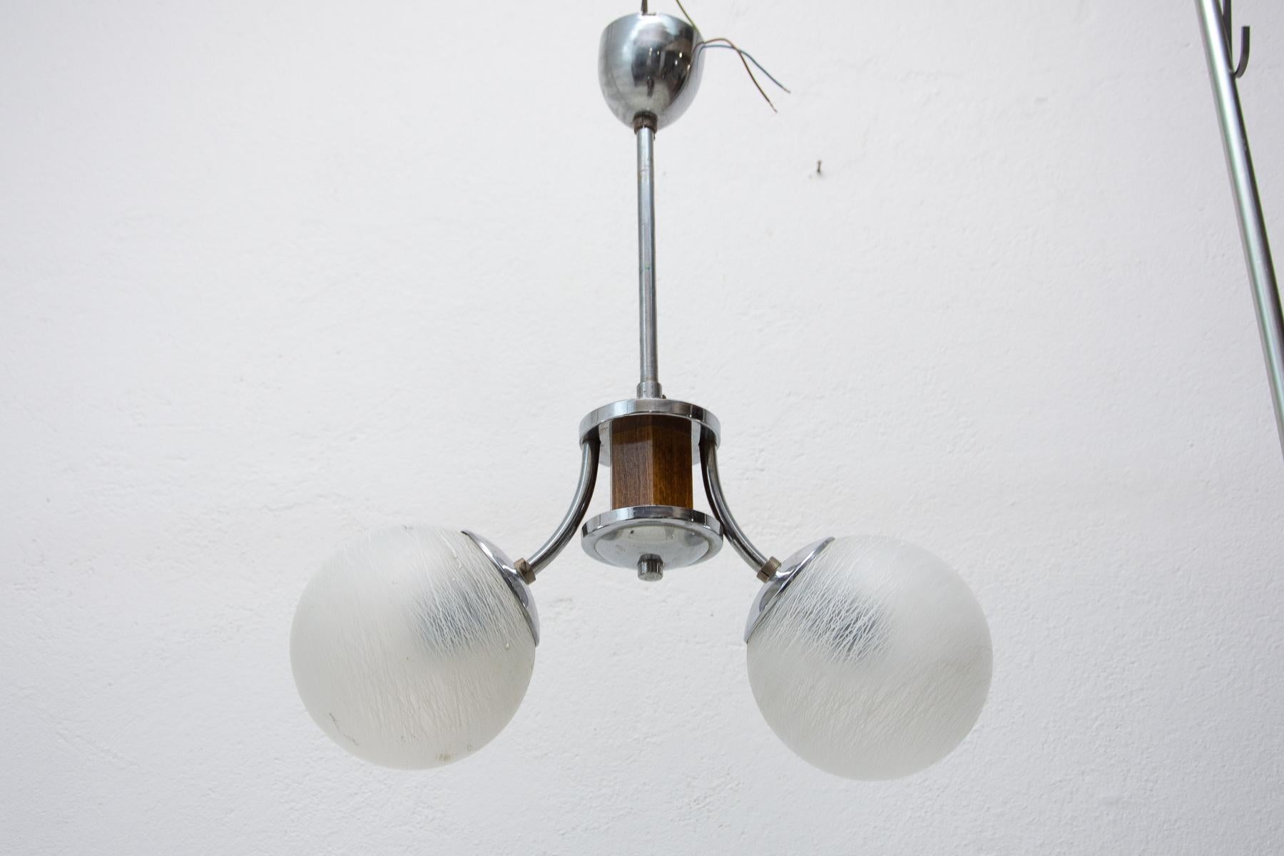Plated Chrome and Wood Art Deco Pendant Chandelier, circa 1930´s, Bohemia For Sale