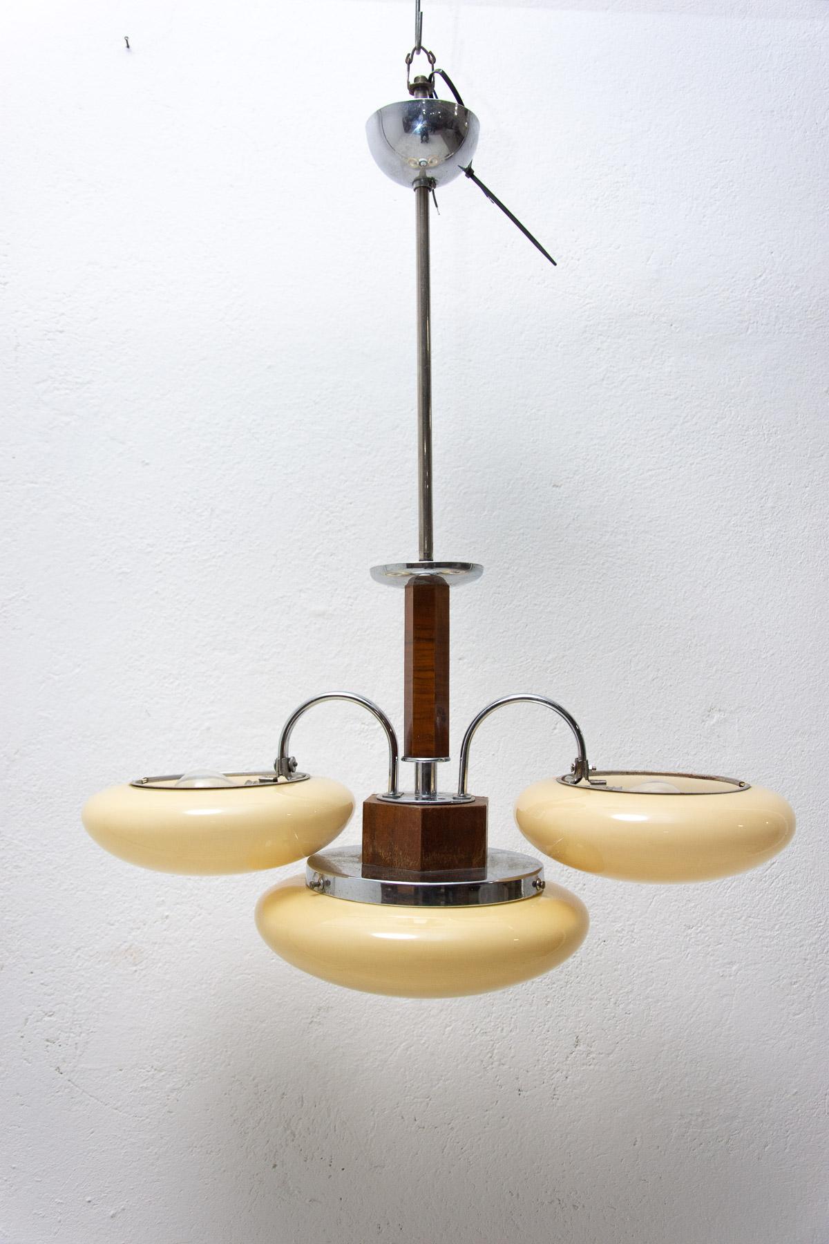 Chrome and Wood Art Deco Pendant Chandelier, circa 1930's, Bohemia In Good Condition In Prague 8, CZ