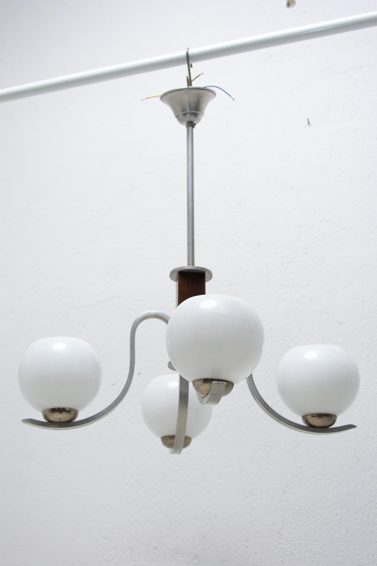 Chrome and Wood Art Deco Pendant Chandelier, circa 1930's, Bohemia In Good Condition For Sale In Prague 8, CZ