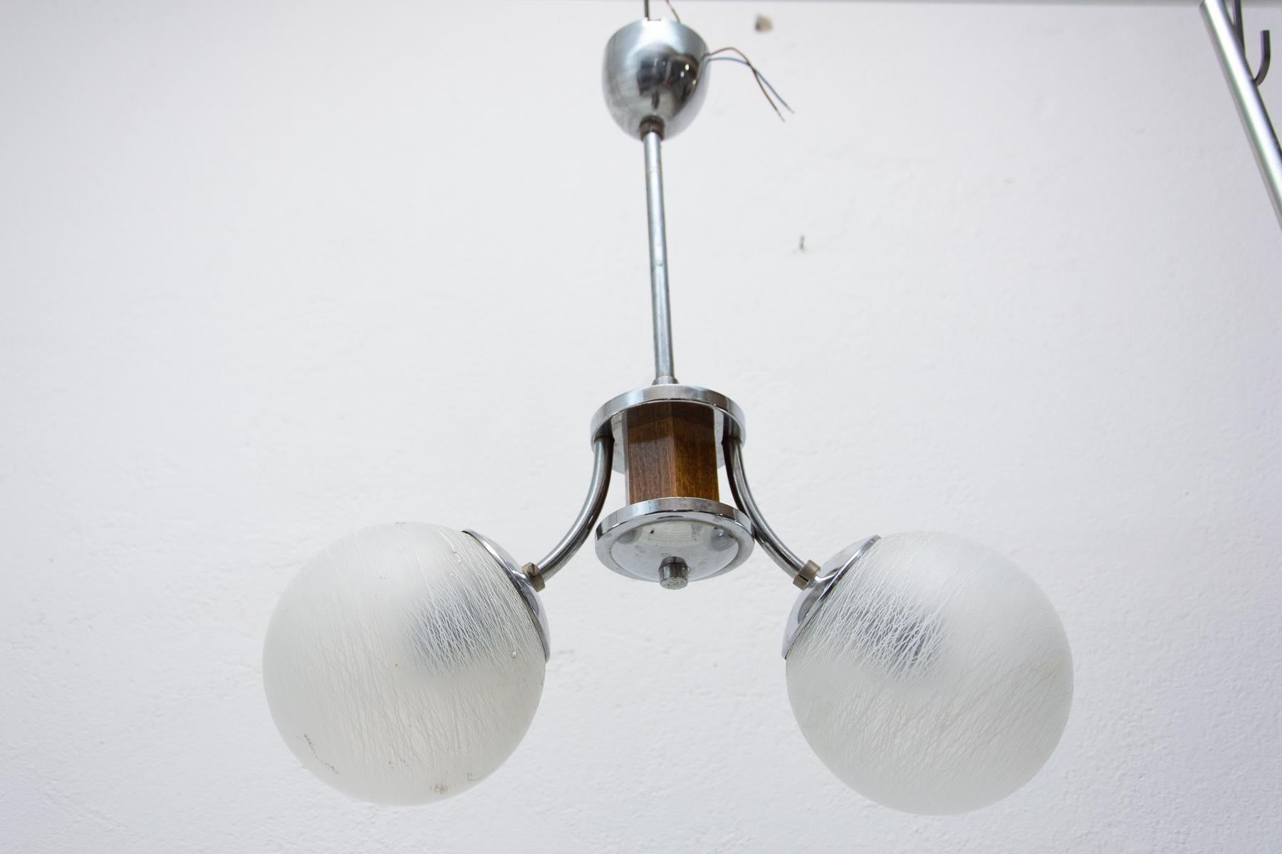 Chrome and Wood Art Deco Pendant Chandelier, circa 1930´s, Bohemia In Good Condition For Sale In Prague 8, CZ