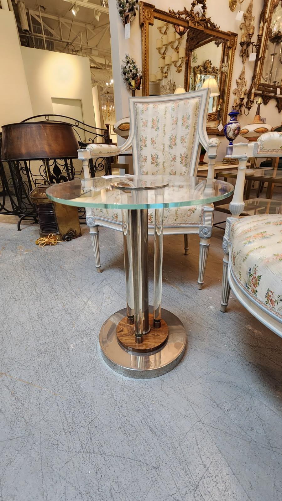 Italian Chrome and Wood Glass Table For Sale