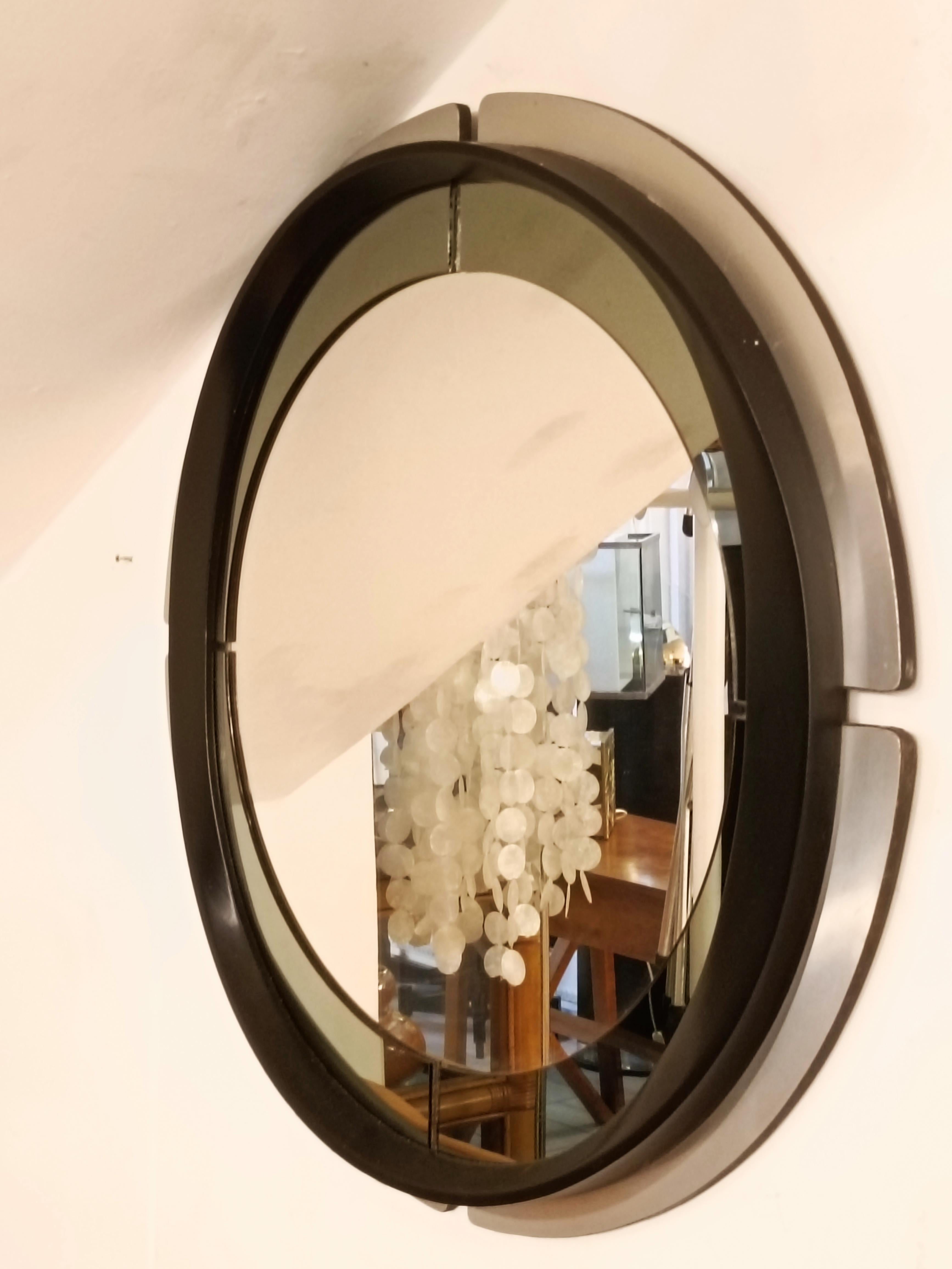 Late 20th Century Chrome and Wood Round Wall Mirror, Italy 1970s
