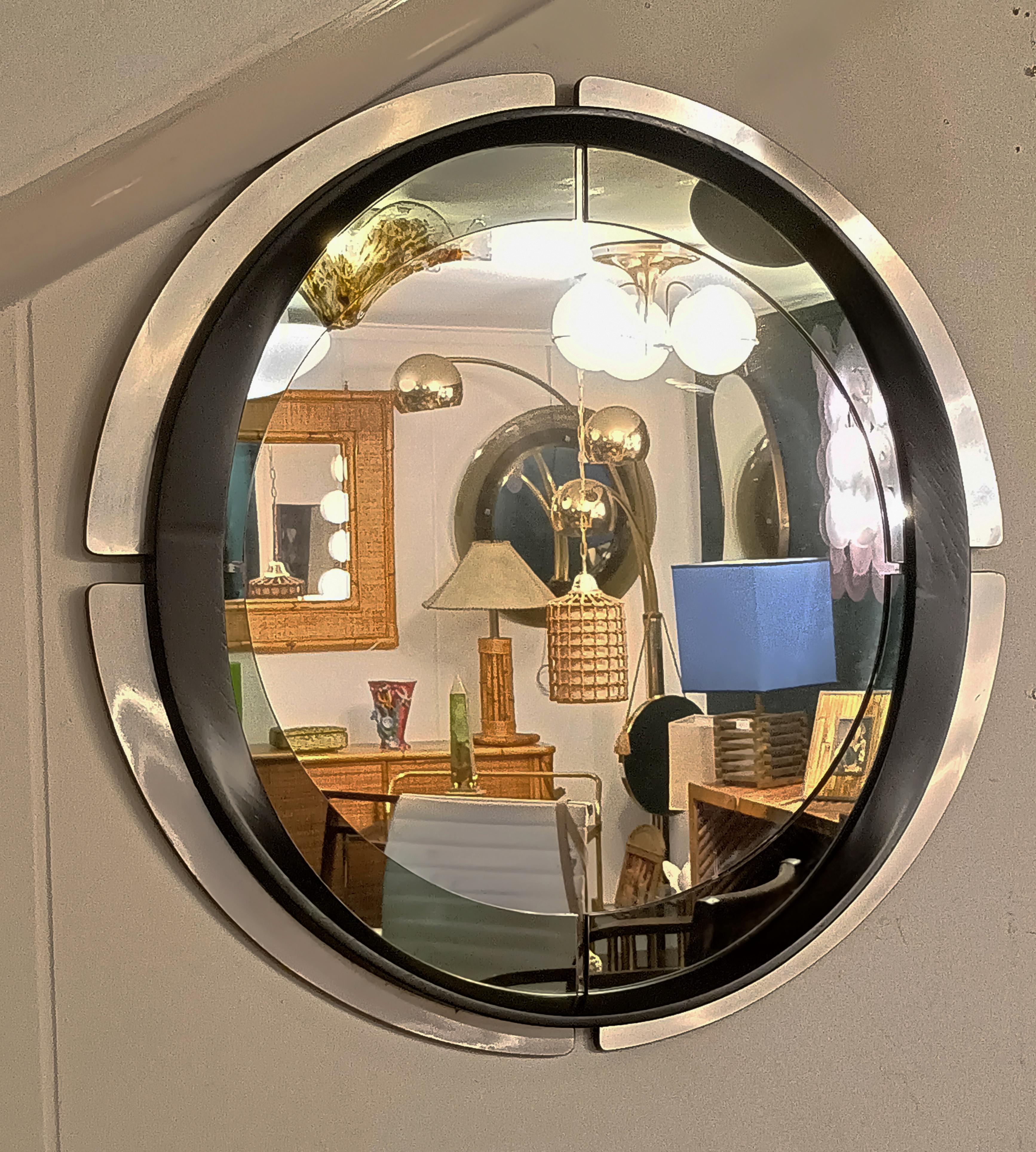 Chrome and Wood Round Wall Mirror, Italy 1970s 1