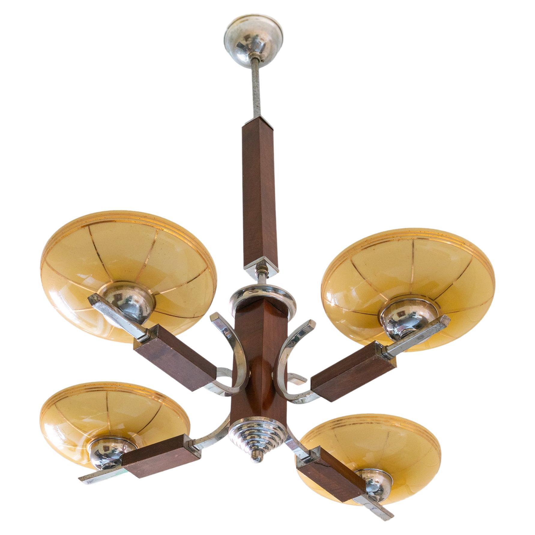 Chrome And Yellow Ceiling Lamp, Art Deco