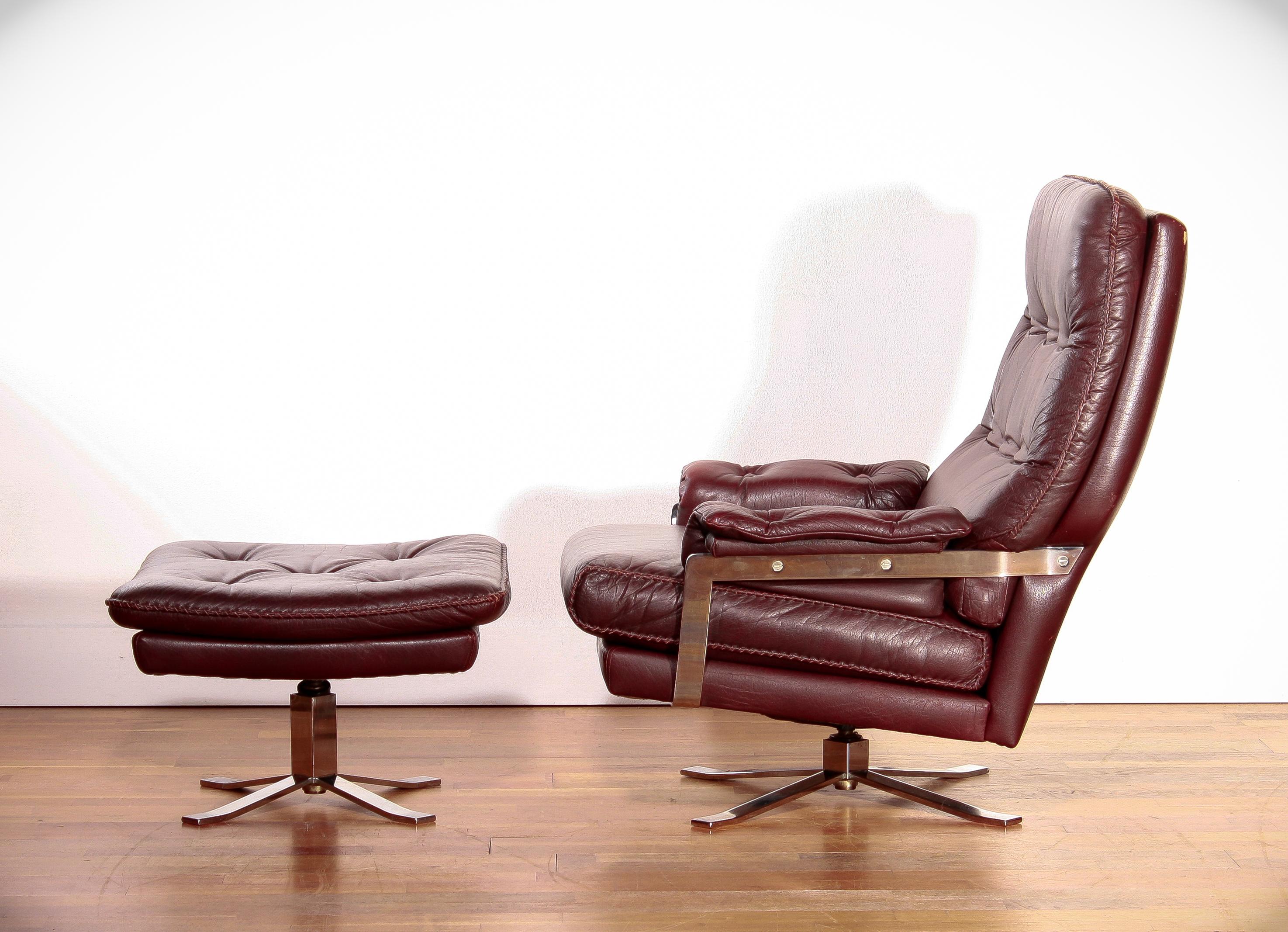 Mid-20th Century Chrome Arne Norell, Lounge Swivel Chair and Ottoman, Hand-Stitched, Leather