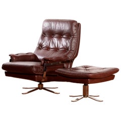 Chrome Arne Norell, Lounge Swivel Chair and Ottoman, Hand-Stitched, Leather