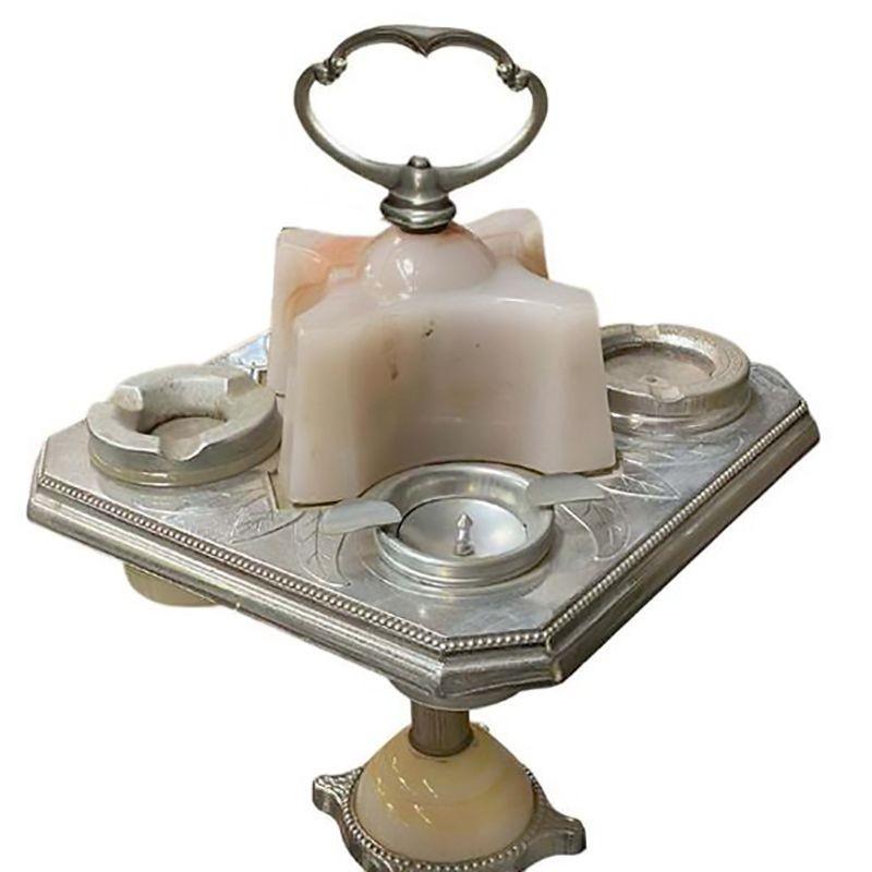 Chrome Art Deco two-tier ashtray stand featuring decorative chrome body and Agate glass accent along the base with 4 ashtrays.