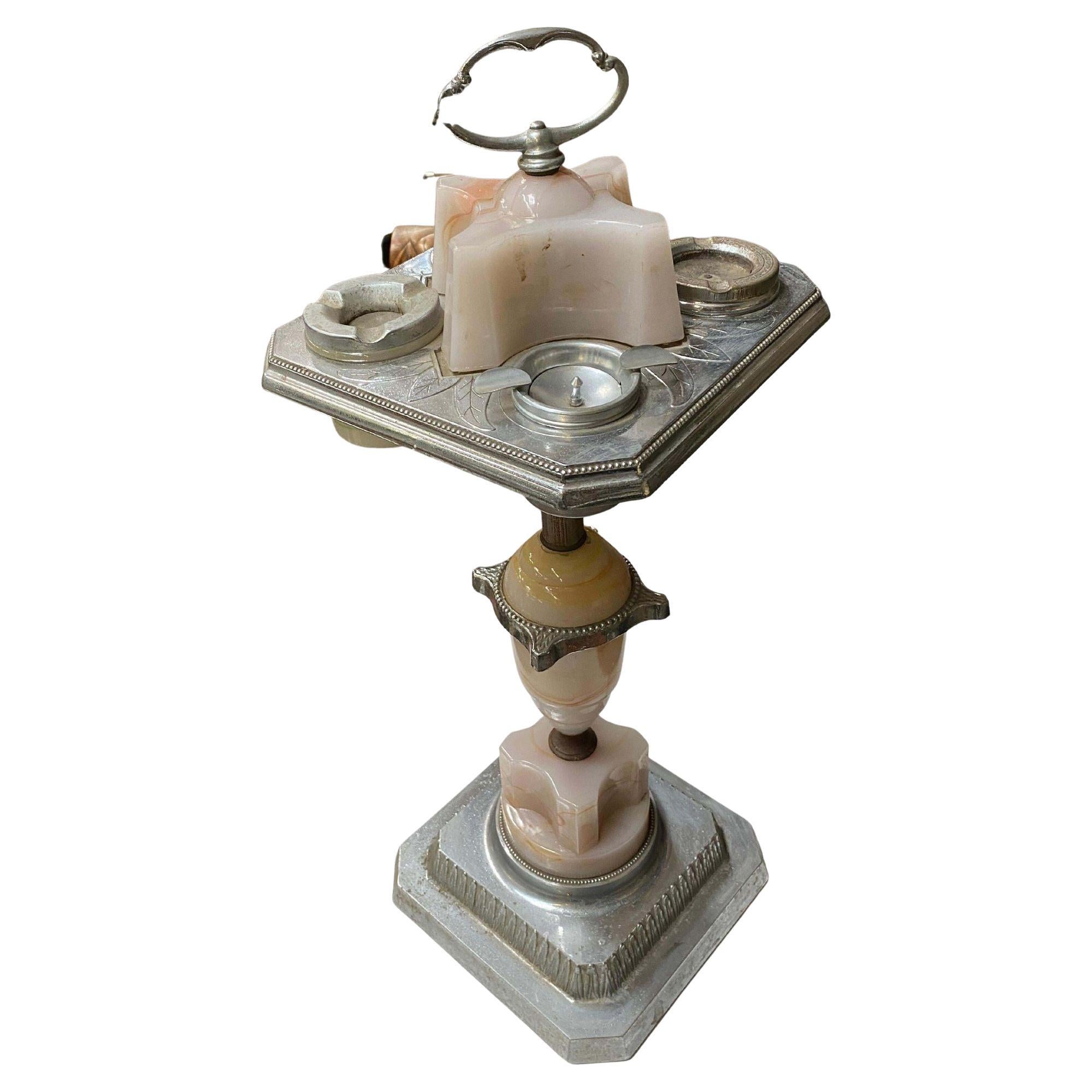 Chrome Art Deco Agate Glass Light up Ashtray Stand For Sale