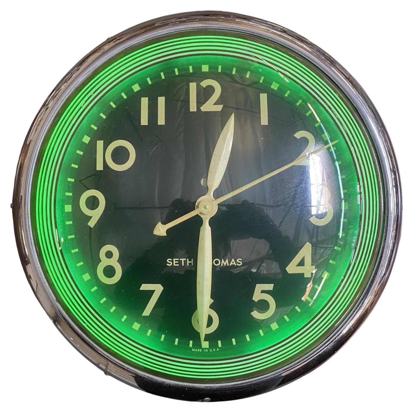 NPI neon products  clock neon tube green electric  clock vintage travel time 
