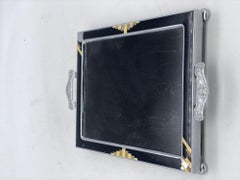 Chrome Art Deco Serving Tray with Enamel Accents and Glass Top