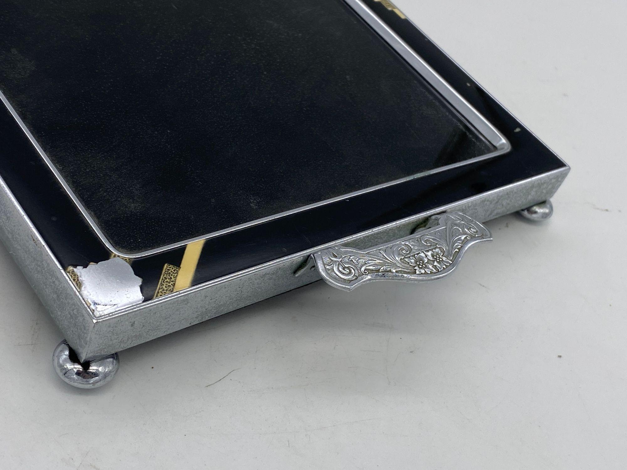 Chrome Art Deco Serving Tray with Enamel Accents and Glass Top In Excellent Condition For Sale In Van Nuys, CA