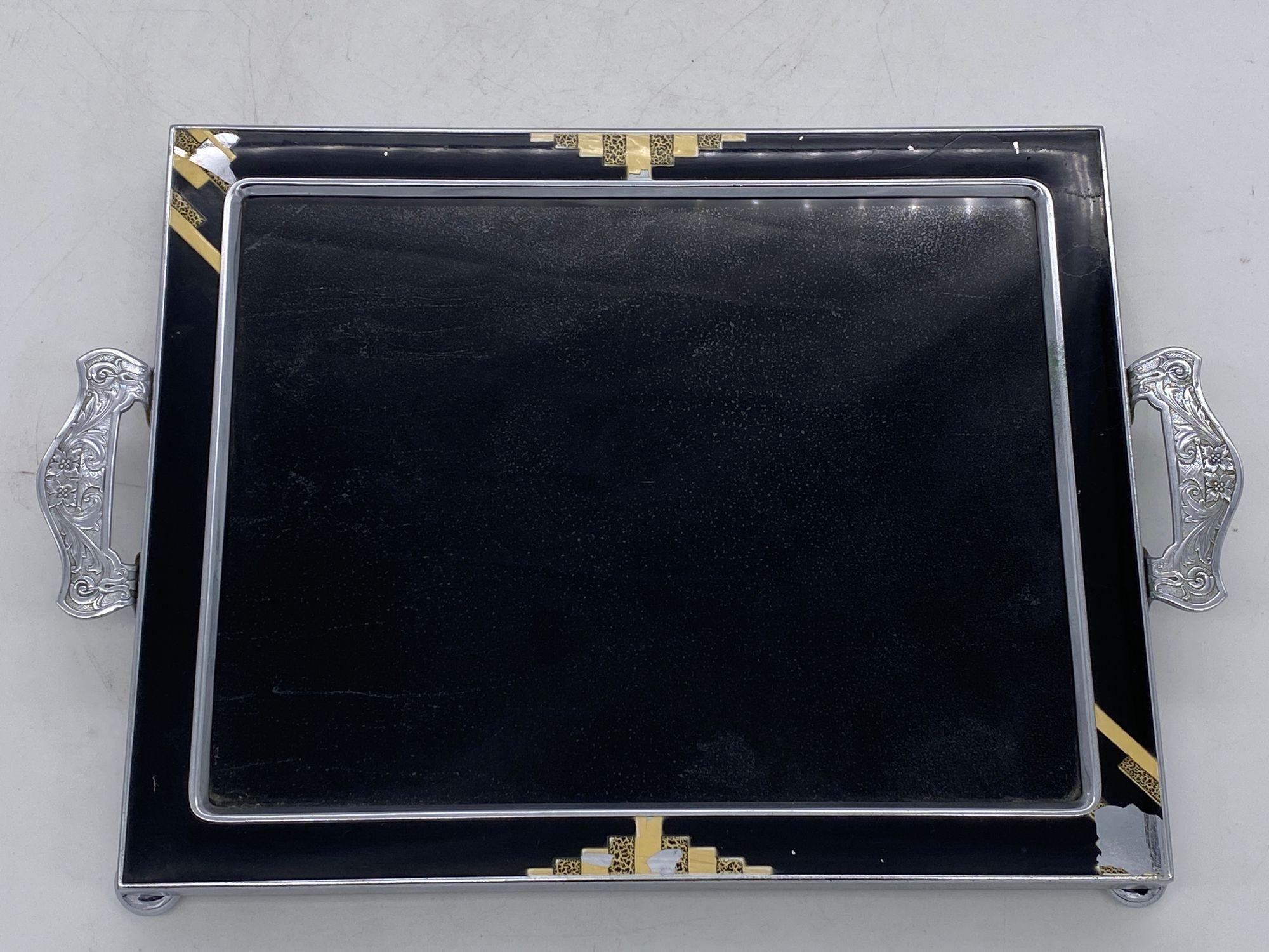 Mid-20th Century Chrome Art Deco Serving Tray with Enamel Accents and Glass Top For Sale