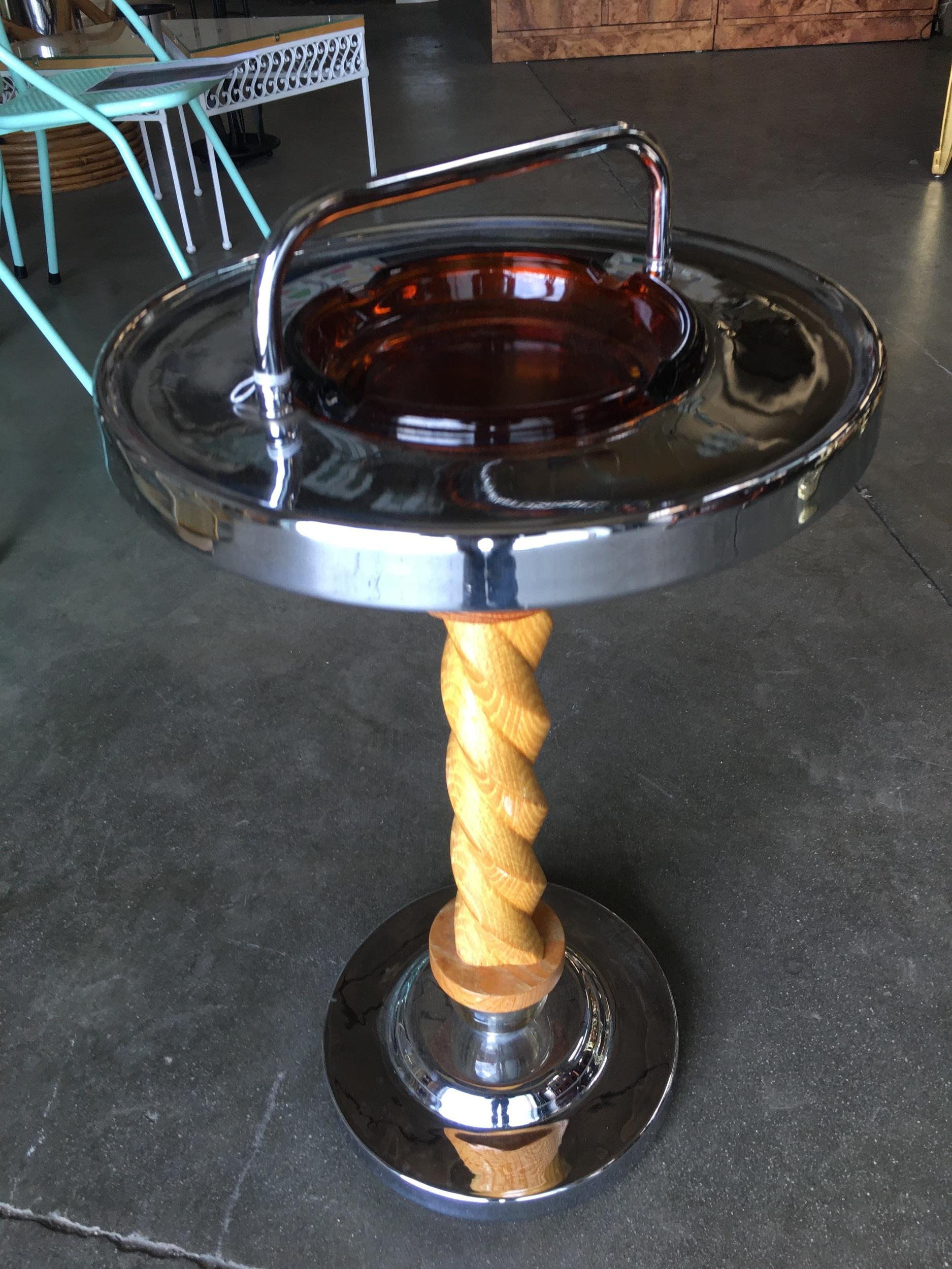 Chrome streamline Art Deco featuring decorative carved twist wood center and large cigar amber ashtray by designer Russel Wright.