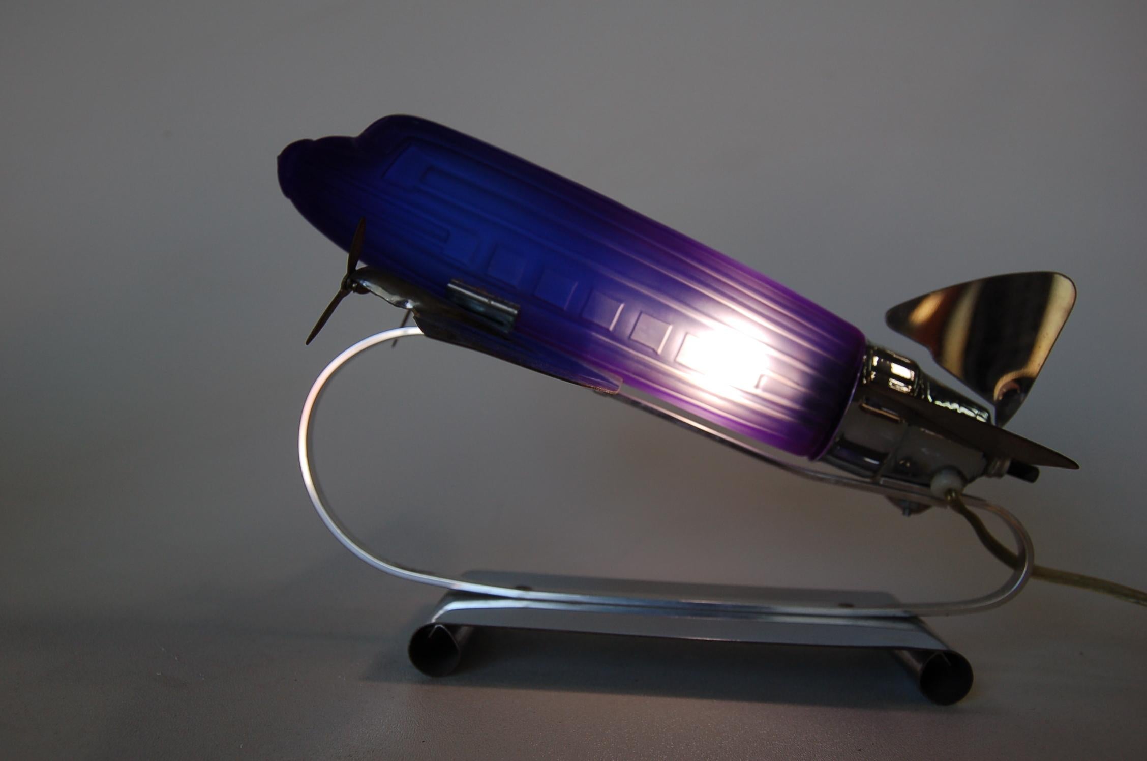 American Chrome Art Deco Style DC-3 Airplane Table Lamp with Cobalt Glass Shade