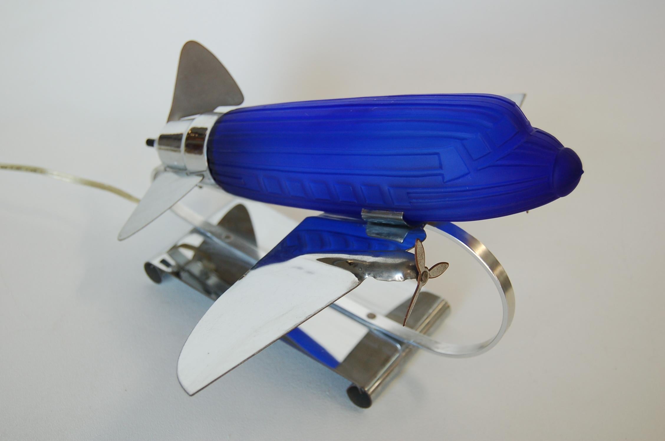 Late 20th Century Chrome Art Deco Style DC-3 Airplane Table Lamp with Cobalt Glass Shade