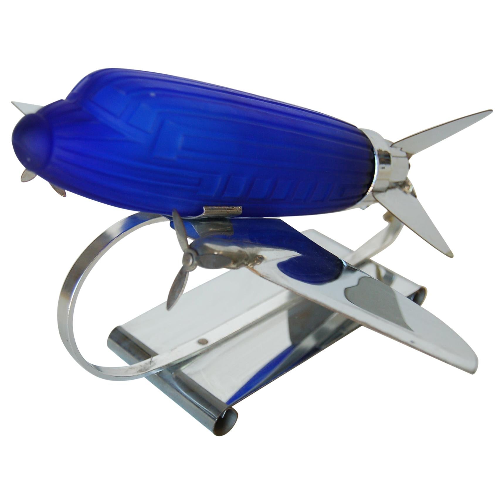 Chrome Art Deco Style DC-3 Airplane Table Lamp with Cobalt Glass Shade