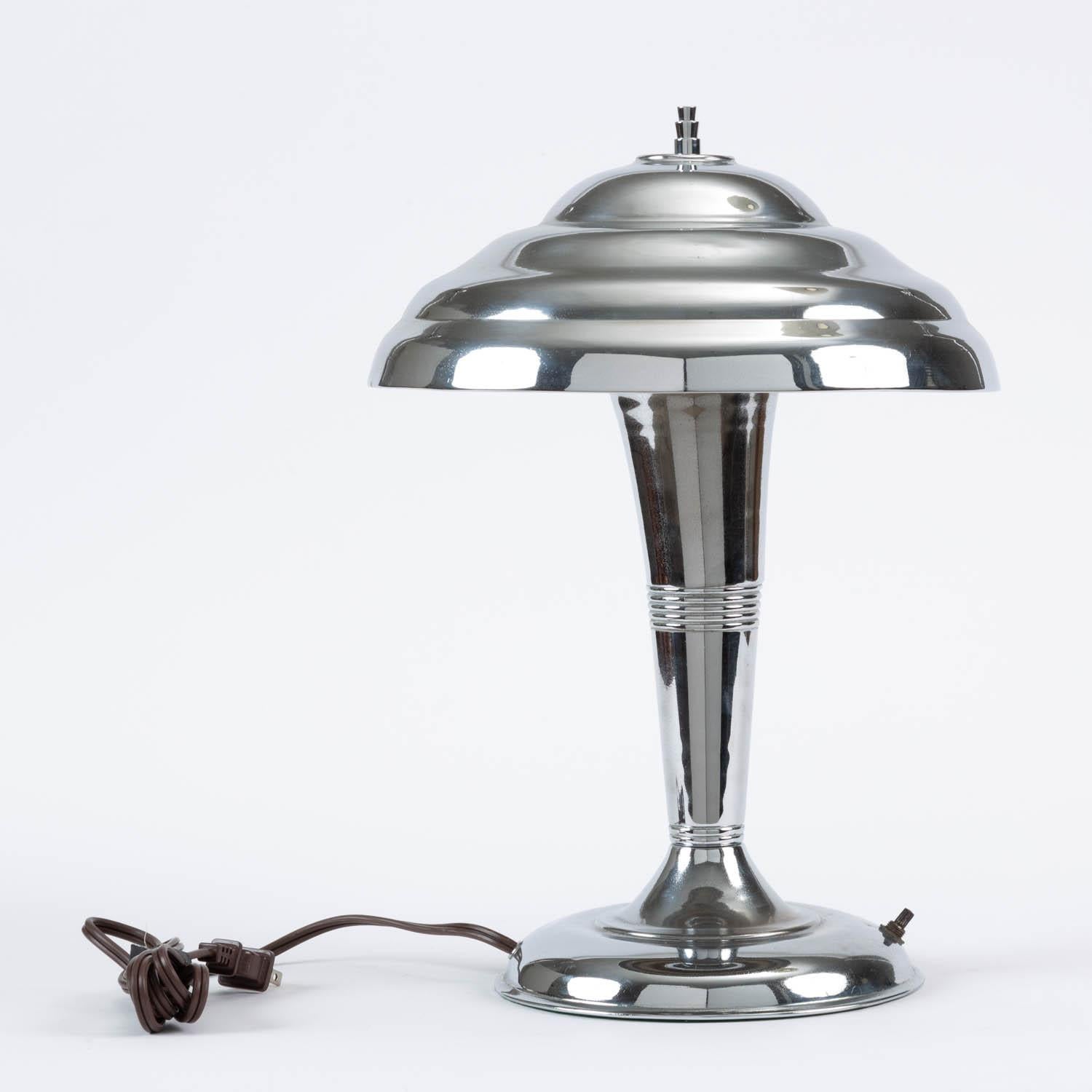 Plated Chrome Art Deco Table Lamp with Saucer Shade
