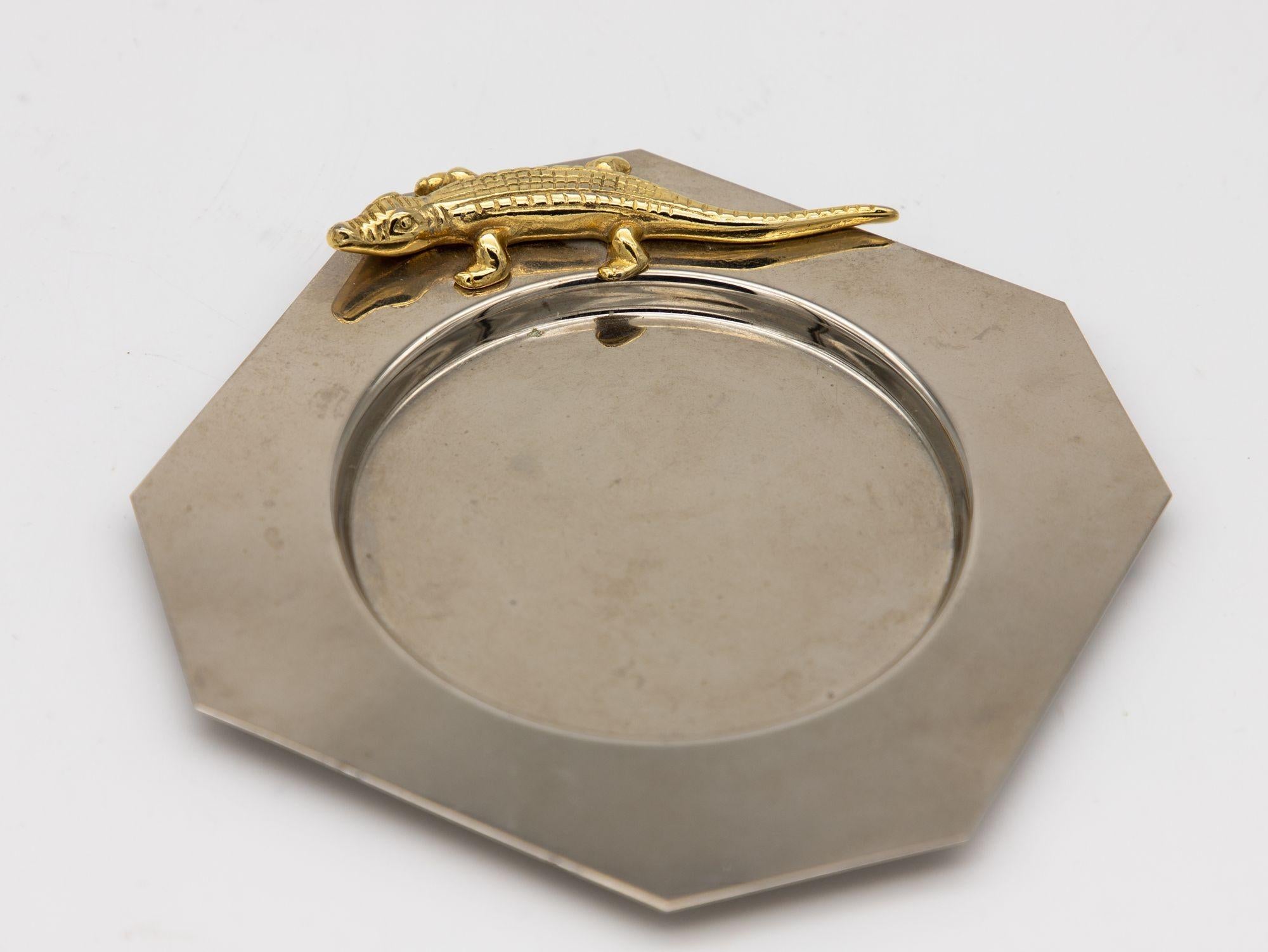 American Chrome Ashtray with Brass Alligator, Late 20th Century
