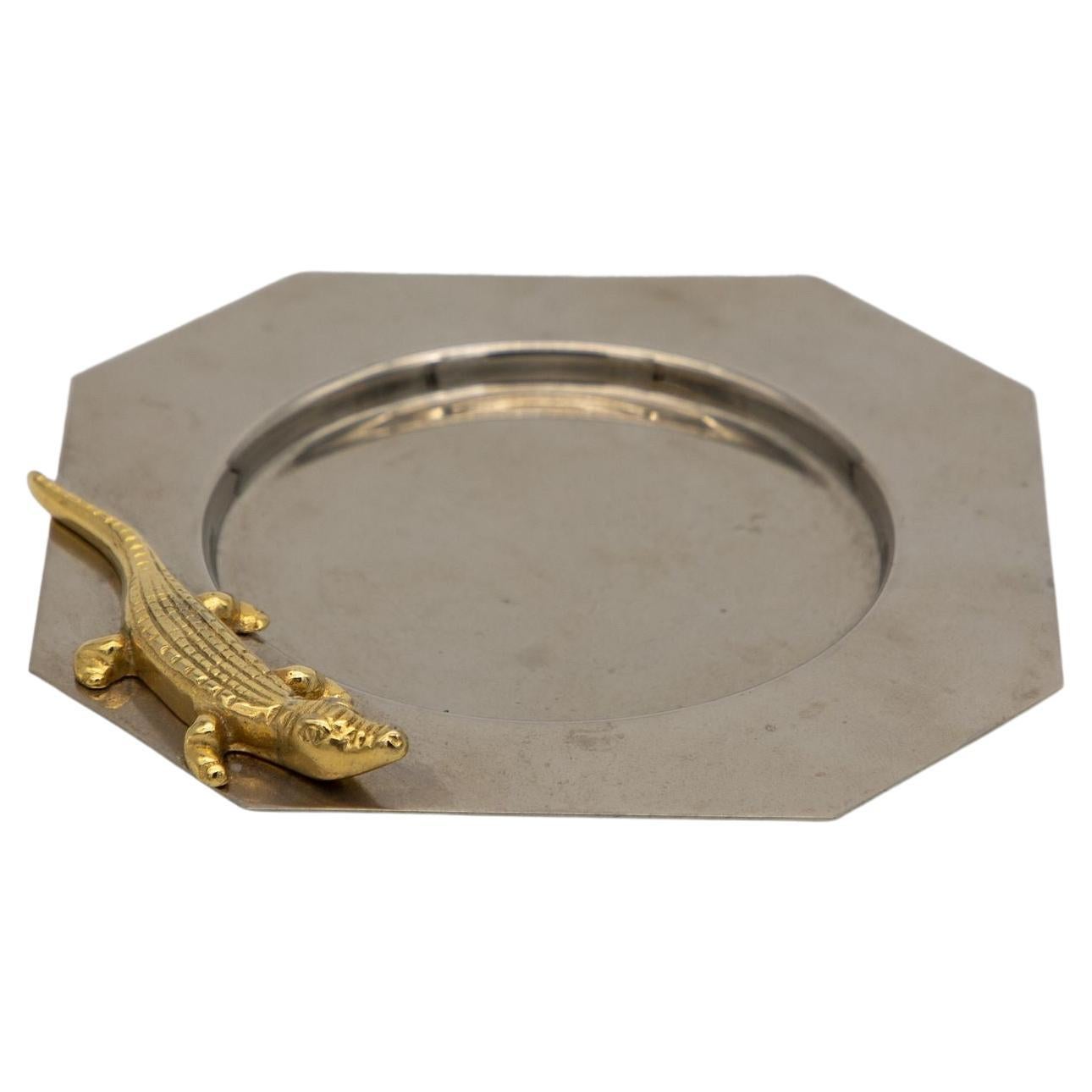 Chrome Ashtray with Brass Alligator, Late 20th Century
