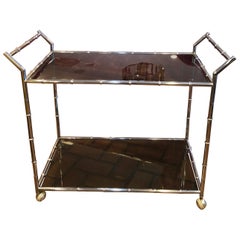 Vintage Maison Jansen Style Faux Bamboo Bar Cart with Black Smoked Glass