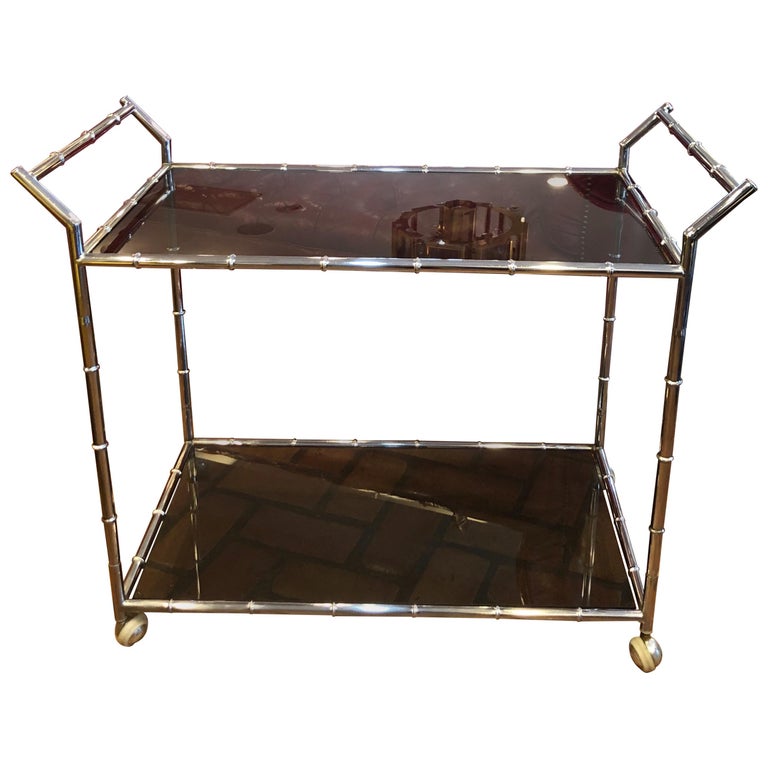 Maison Jansen Style Faux Bamboo Bar Cart with Black Smoked Glass For Sale