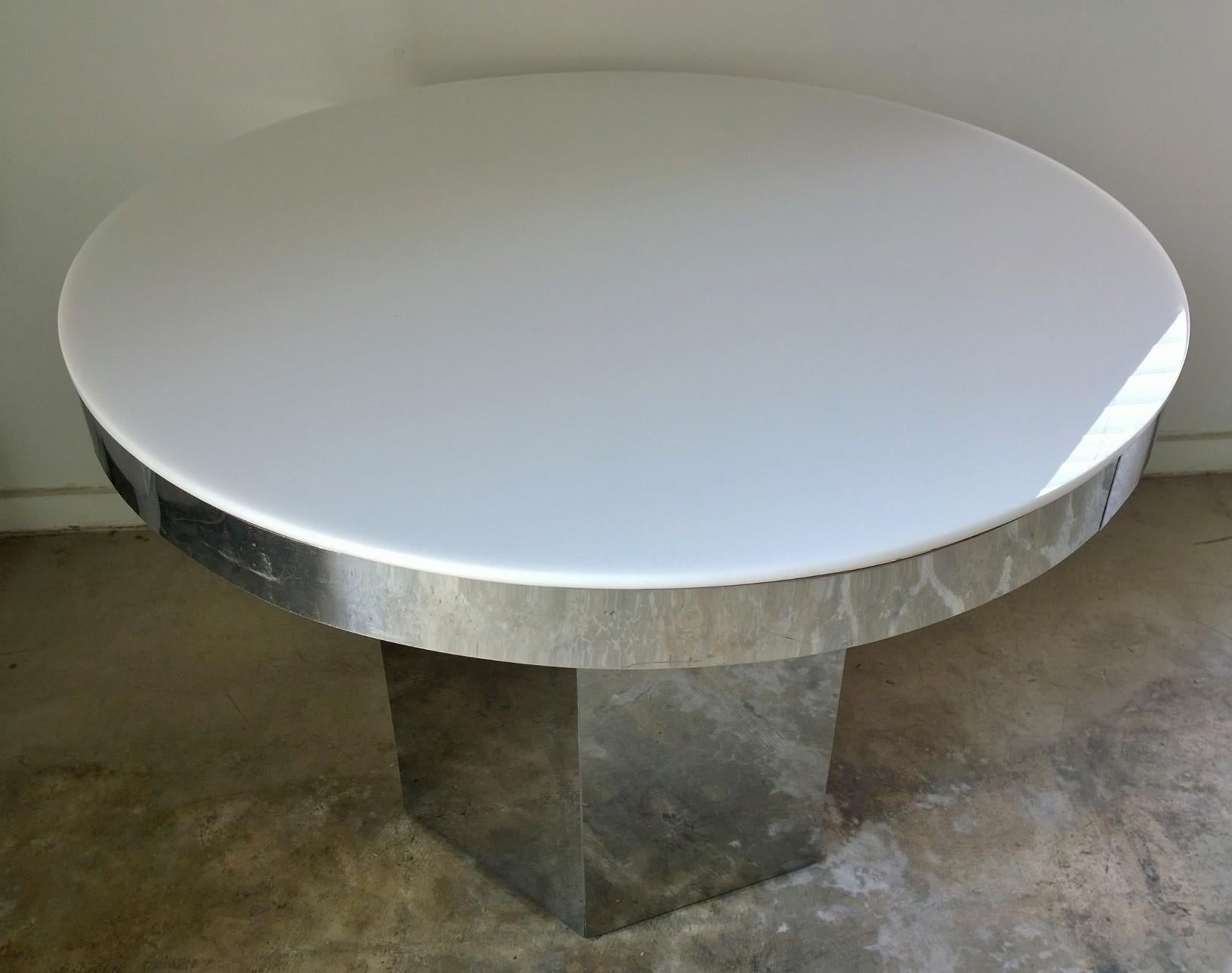 American Chrome Band & White Lucite Round Top Dining/Game/Center Table with Hexagon Base For Sale