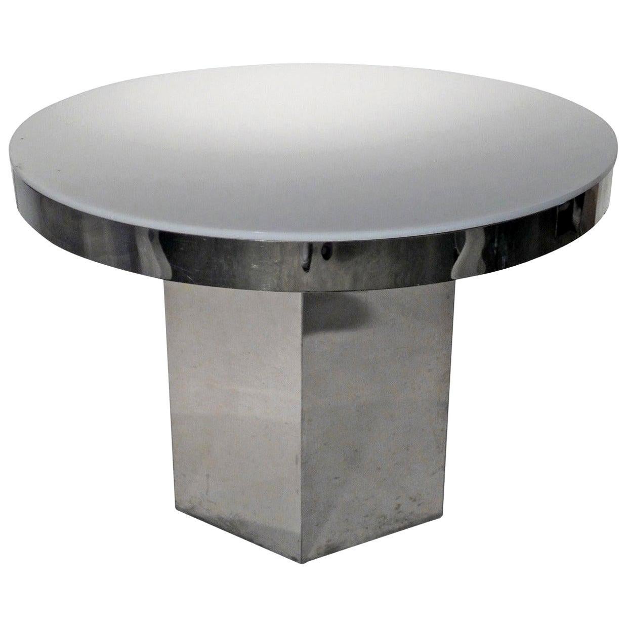 Chrome Band & White Lucite Round Top Dining/Game/Center Table with Hexagon Base For Sale