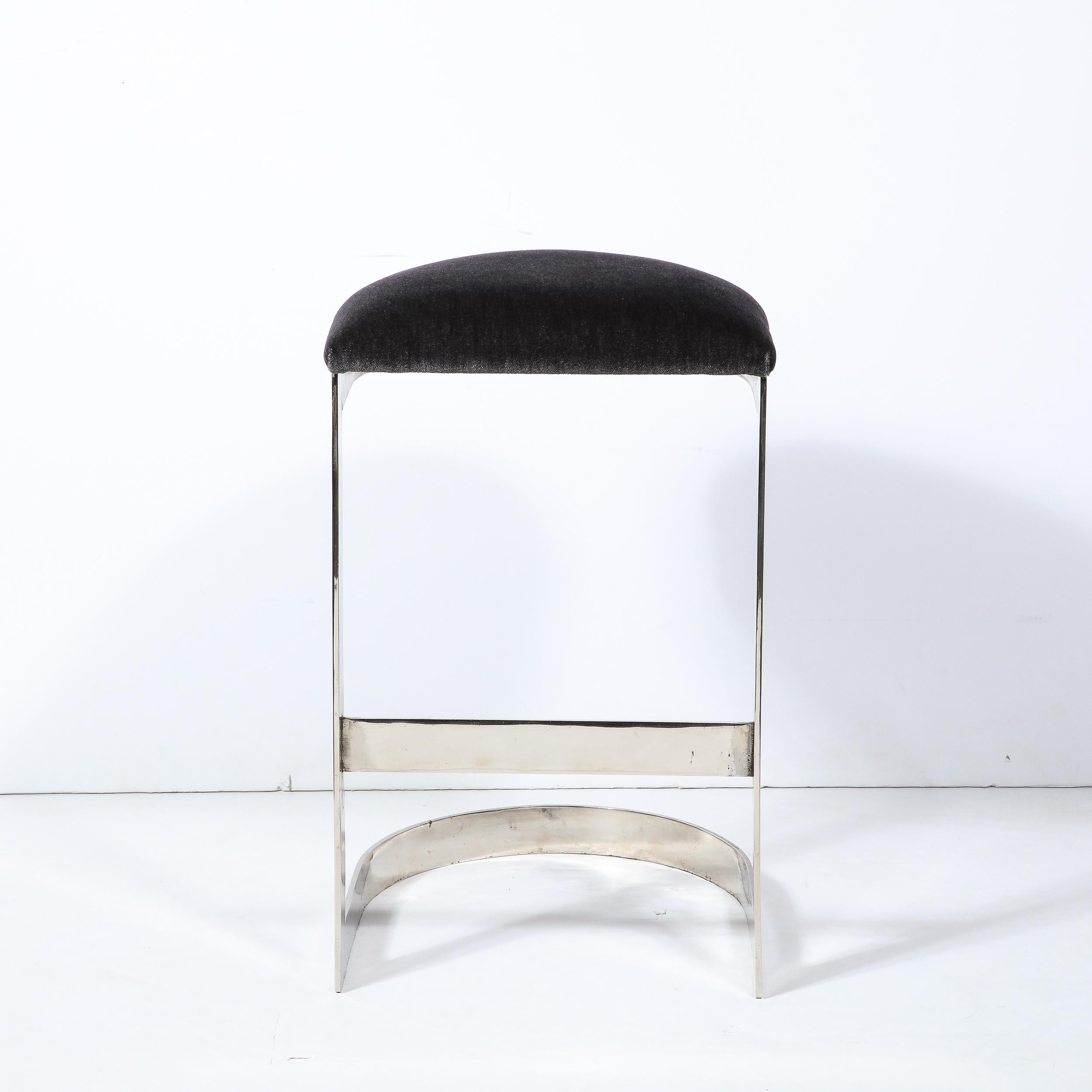 Mid-Century Modern Chrome Banded Bar Stools in Smoked Pewter Velvet, Manner of Milo Baughman