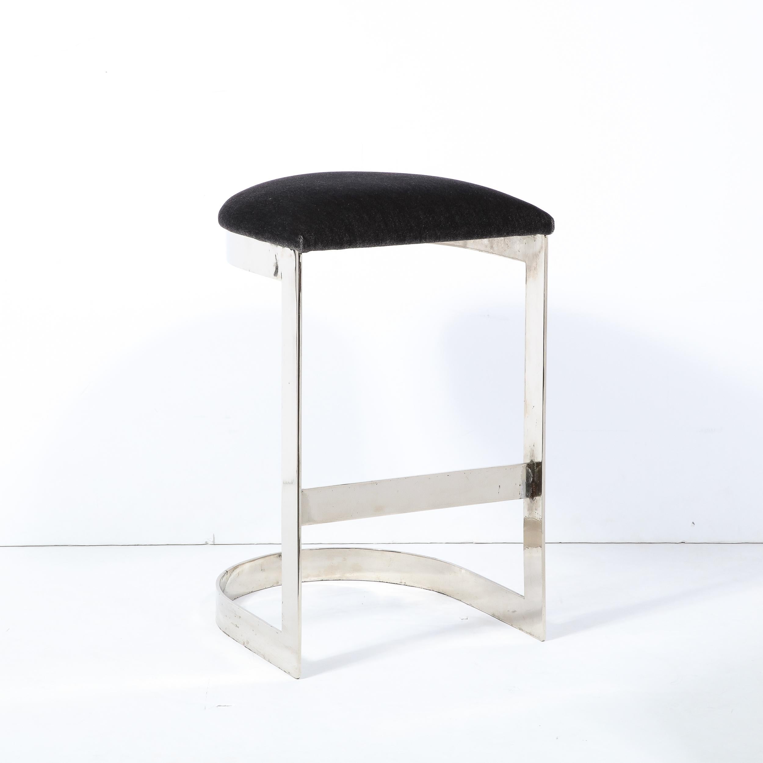 American Chrome Banded Bar Stools in Smoked Pewter Velvet, Manner of Milo Baughman